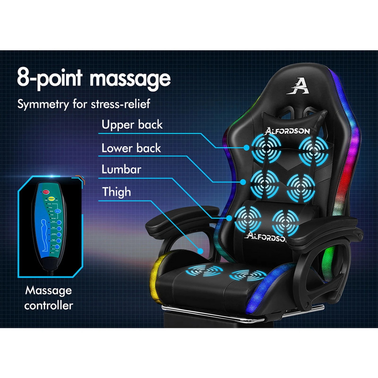 3 Alfordson Gaming Office Chair 12 RGB LED Massage Computer Seat Footrest - Black, 3 of 7