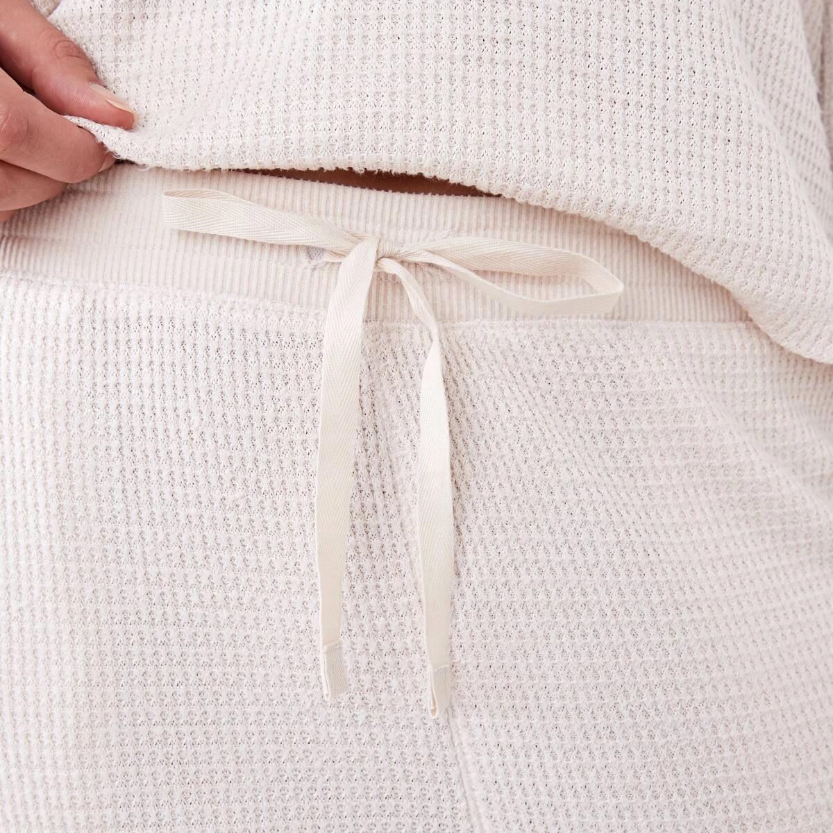 6 Waffle Long Sleeve Top and Pants Lounge Pyjama Set Beige Mrl, 6 of 7