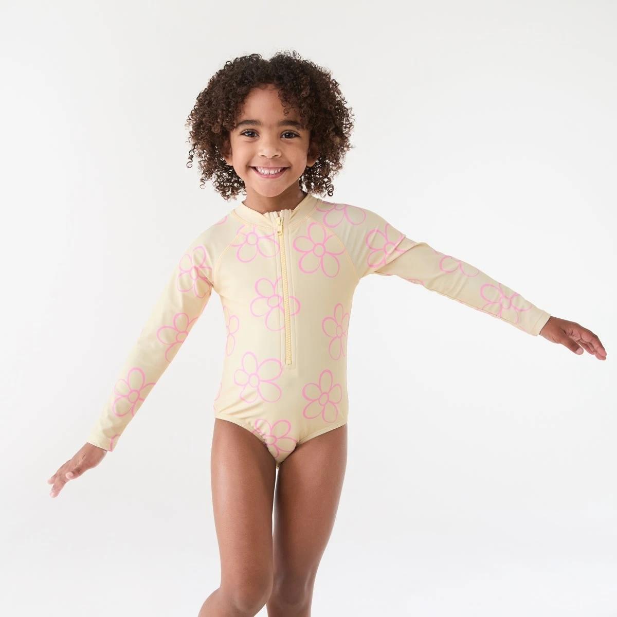1 Long Sleeve One Piece Swimsuit OUTLINED DAISY BUTTER CREAM, 1 of 7