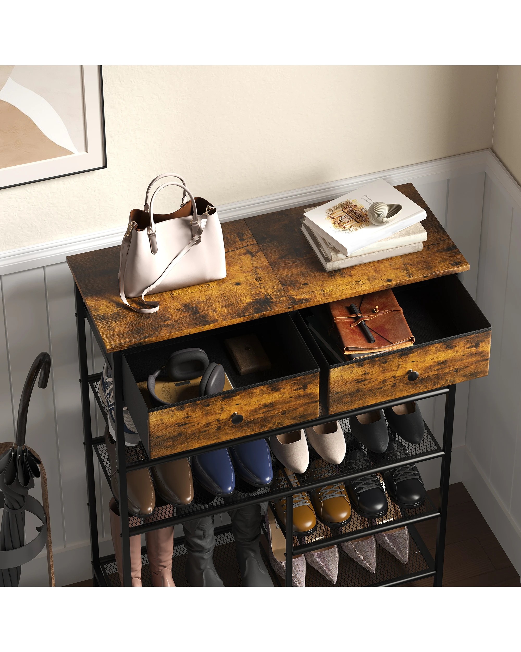 7 Advwin Shoe Rack Shoe Storage Organizer w/ 2 Drawers and Open Mesh Shelves Freestanding Shoe Shelves, 7 of 10