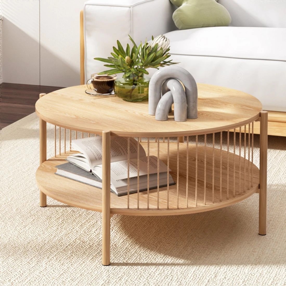 3 Artiss Coffee Table 2-Tier Round Wood - Natural, 3 of 8