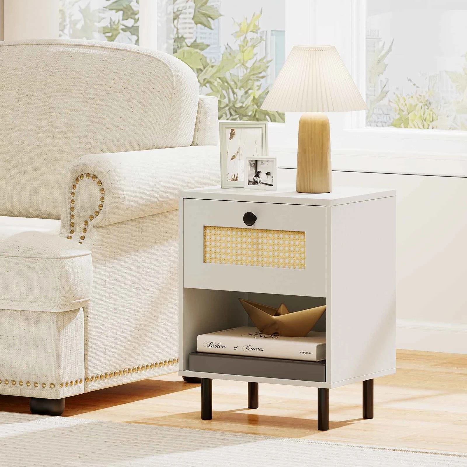 2 Costway Rattan Nightstand Boho Bedside Table Sofa Side Accent End Table Drawer Open Storage Shelf Metal Legs, 2 of 6
