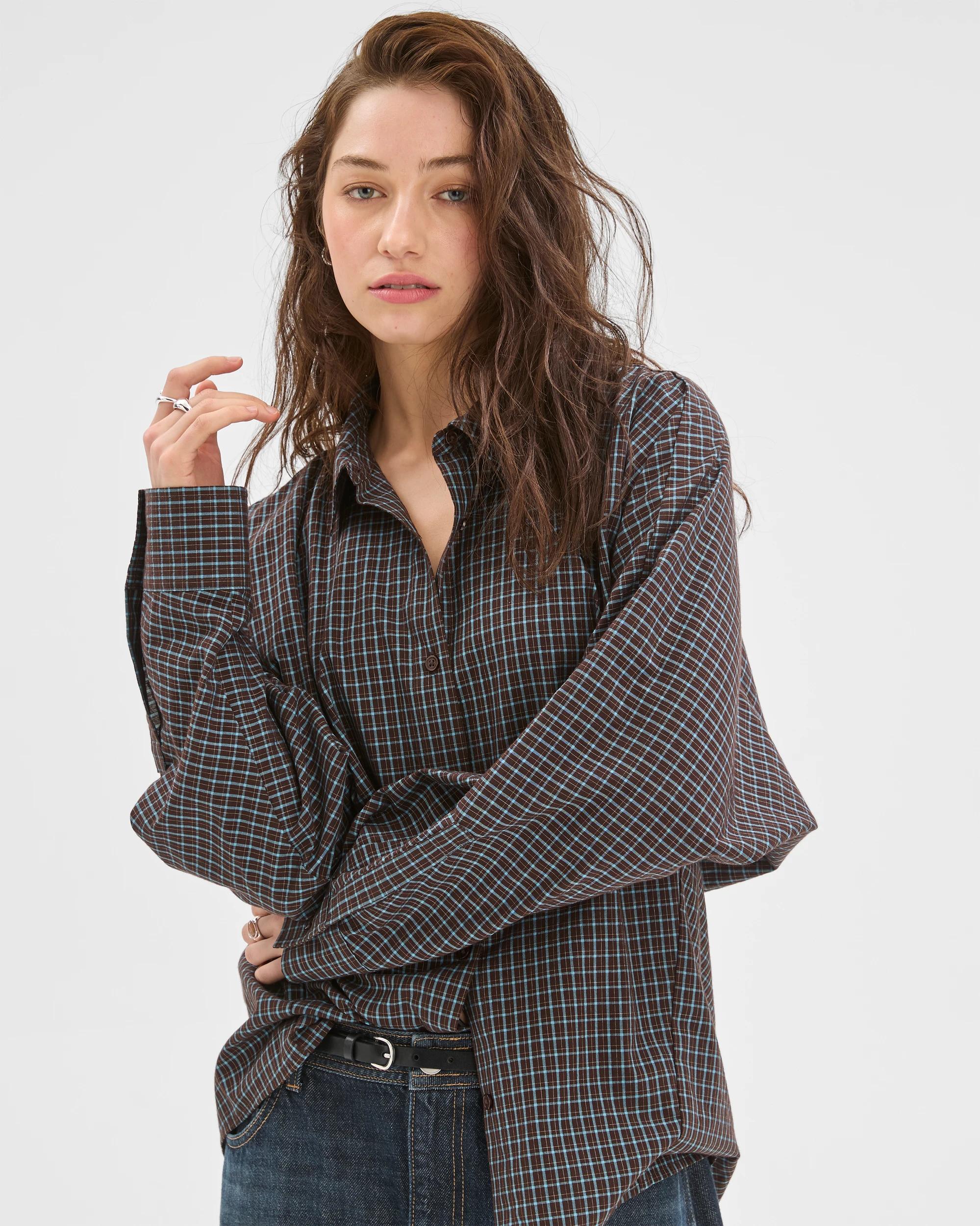 4 Lily Loves Australian Cotton Blend Oversized Shirt DEEP SEA CHECK, 4 of 7