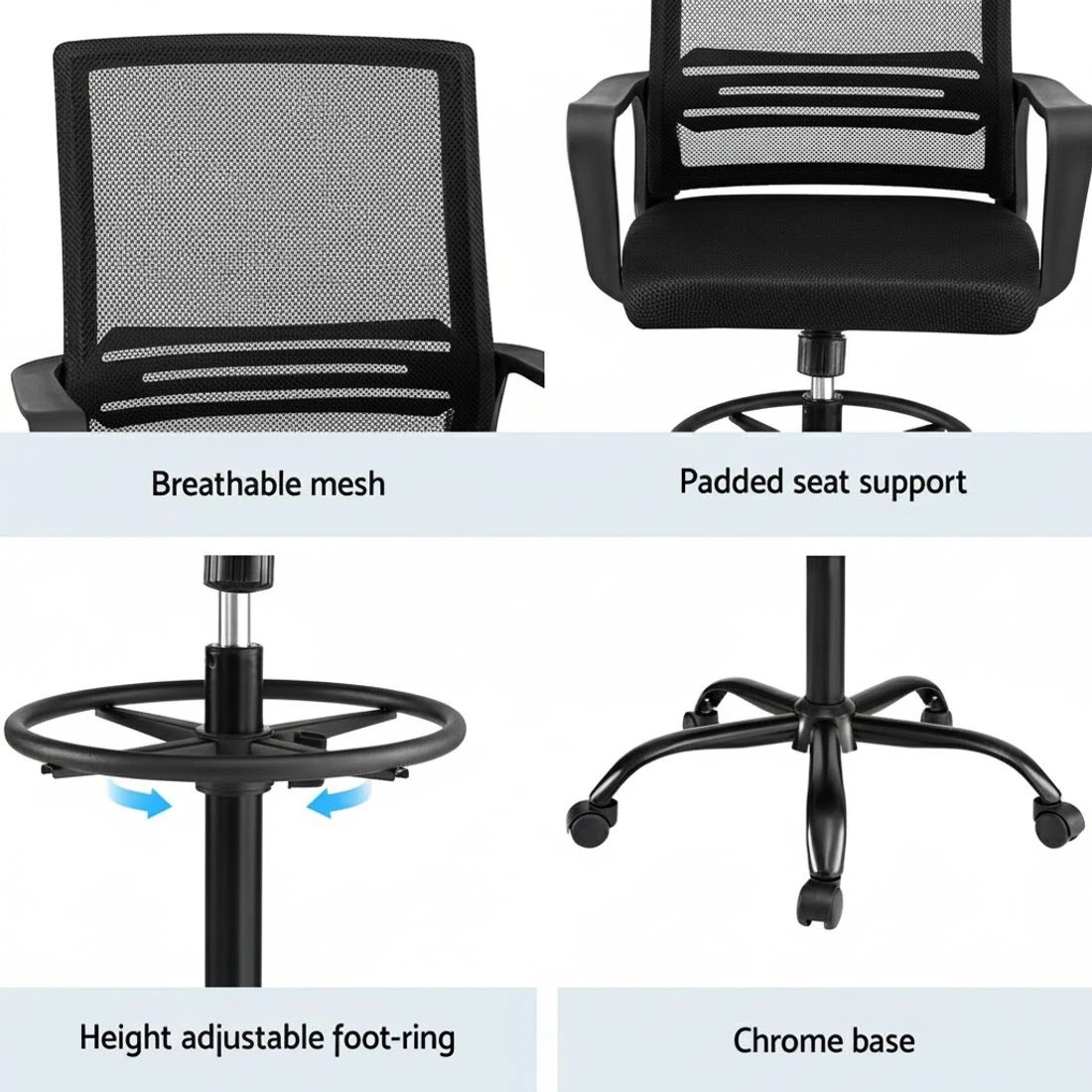 6 Artiss Office Chair Drafting Chairs Stool Computer Desk Studios Mesh - Black, 6 of 6