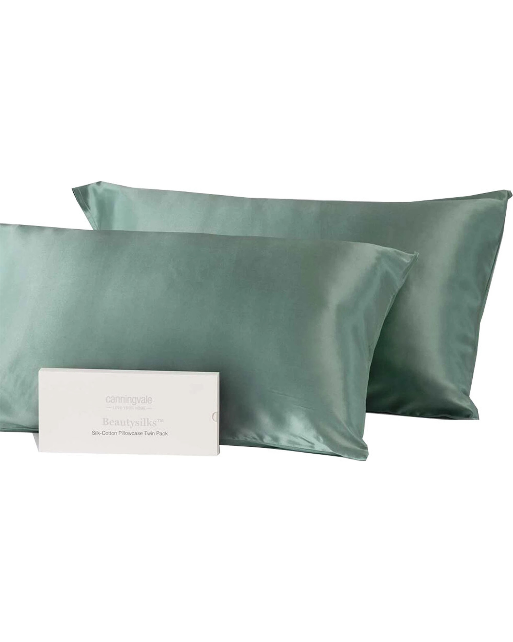 1 Canningvale Beautysilks Mulberry Silk Pillowcase Twin Pack Moss - Green, 1 of 3