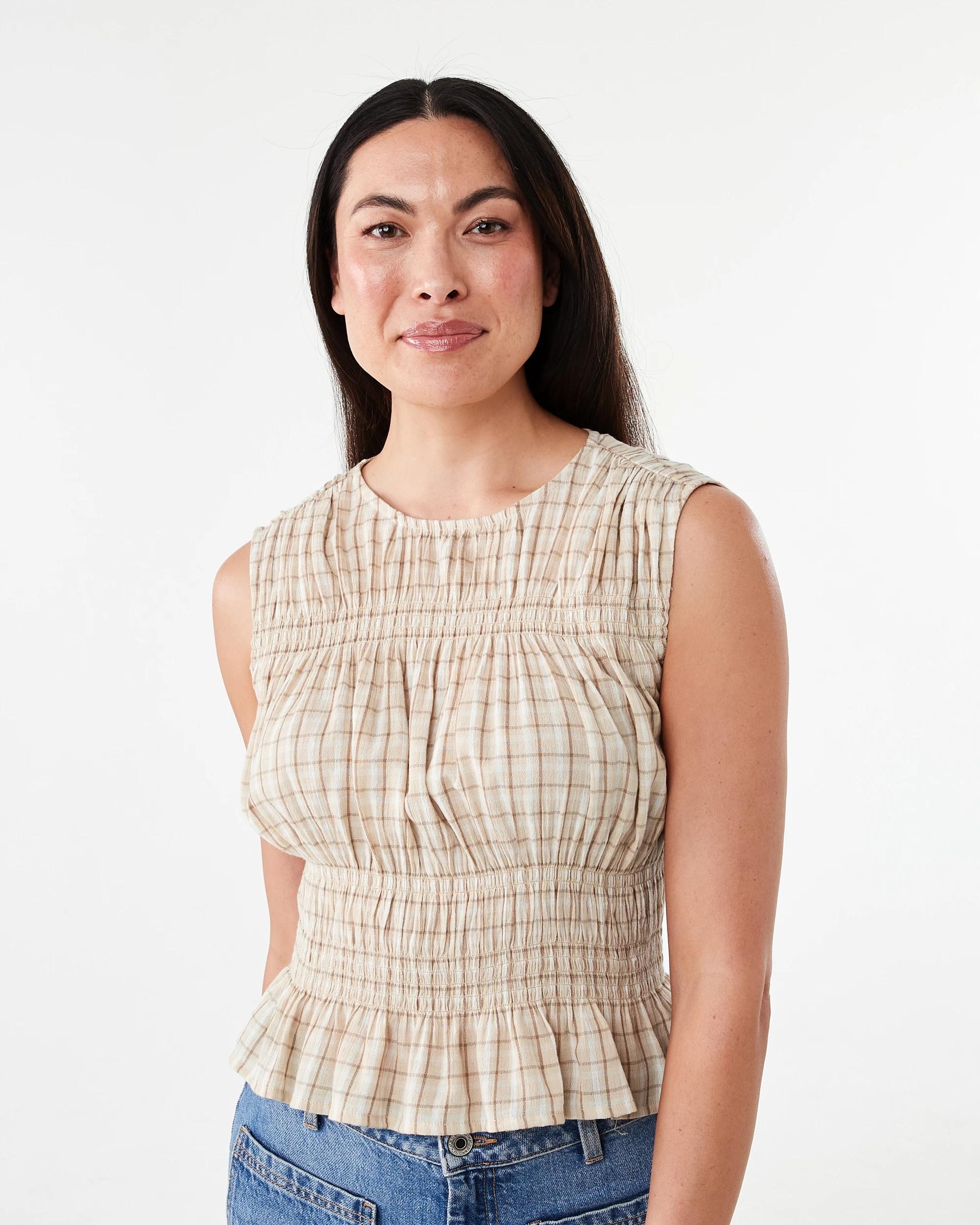 1 Sleeveless Cotton Shirred Detail Top Check, 1 of 6