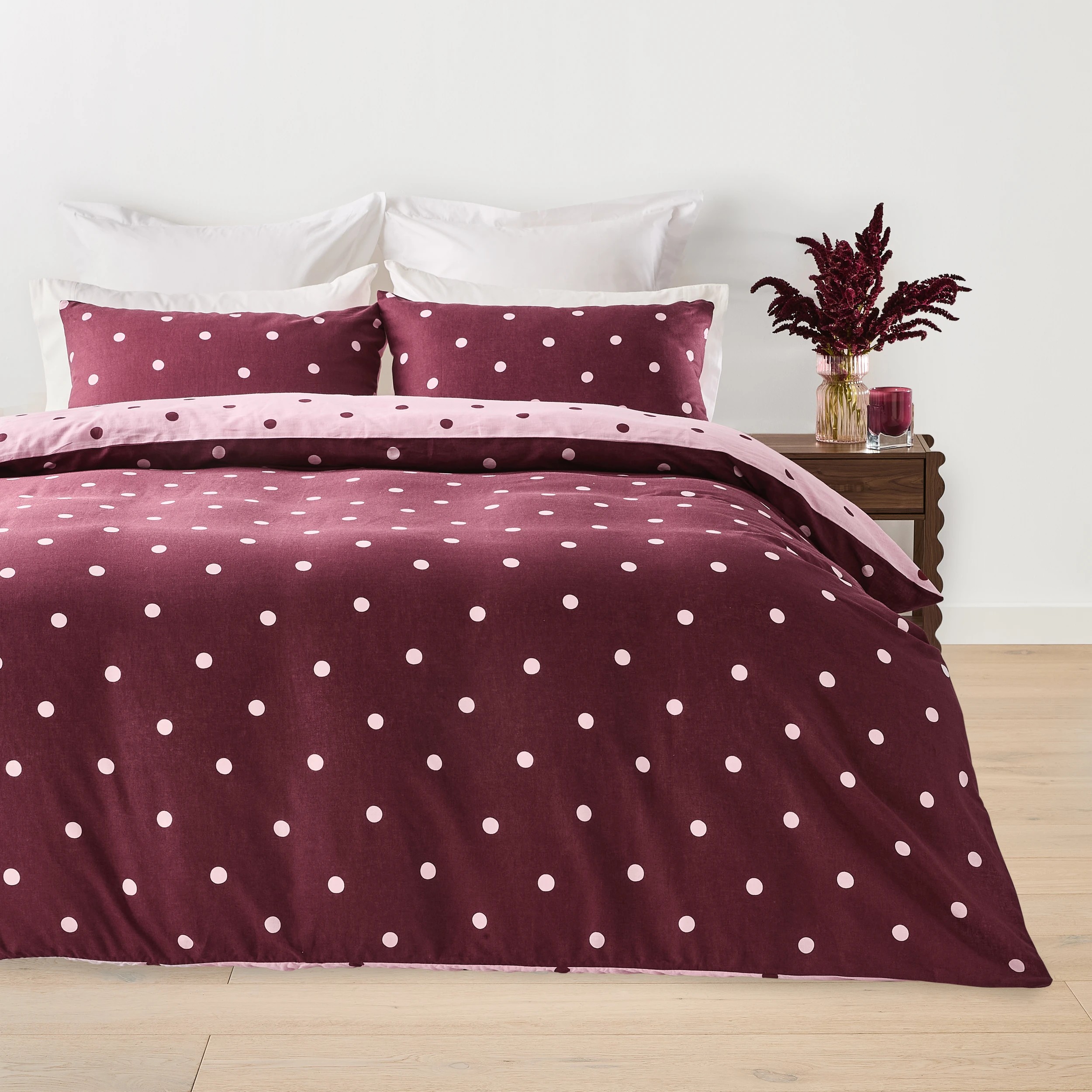 1 Polka Dot Linen Cotton Reversible Quilt Cover Set - King Bed, Fig and Pink, 1 of 9