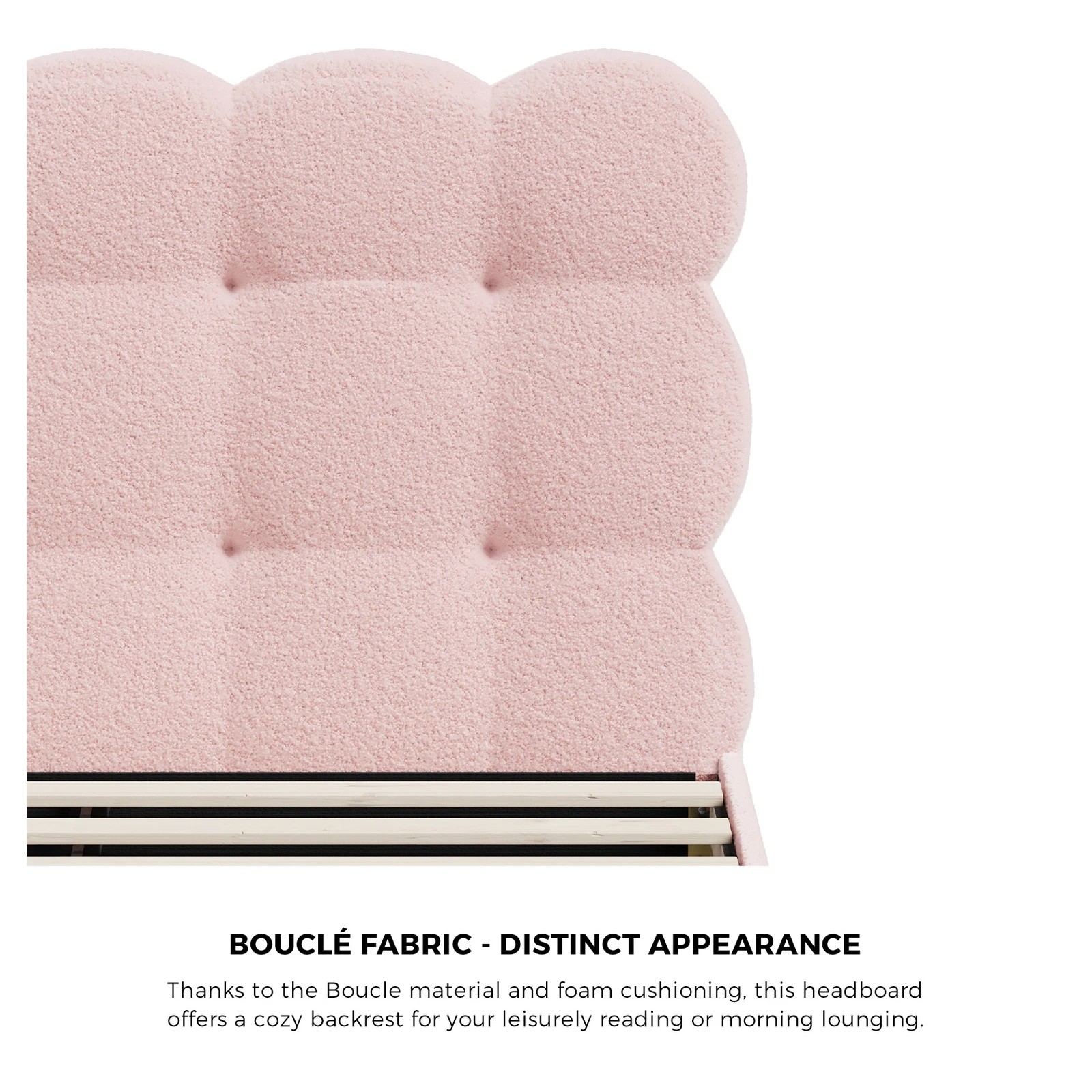 4 Oikiture King Single Bed Tufted Bedhead Boucle Bed Frame
 - Pink, 4 of 10