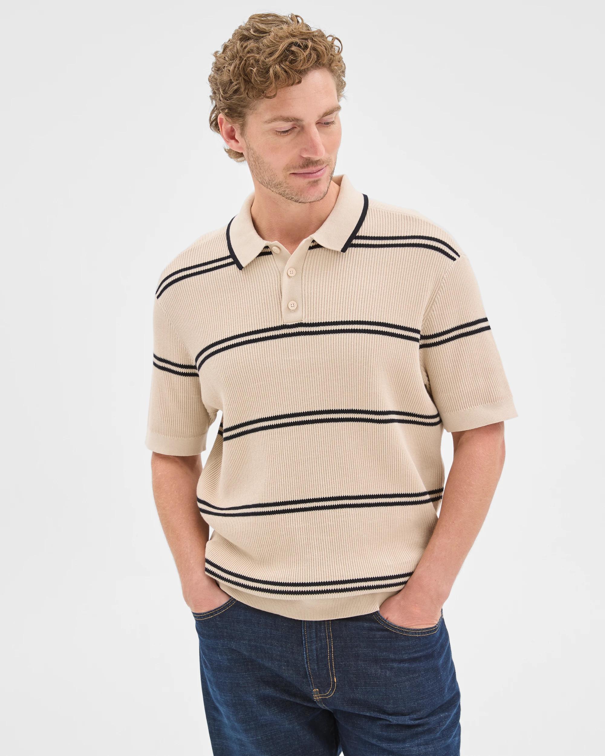 3 Target Man Australian Cotton Stripe Knit Polo Top BIRCH, 3 of 6