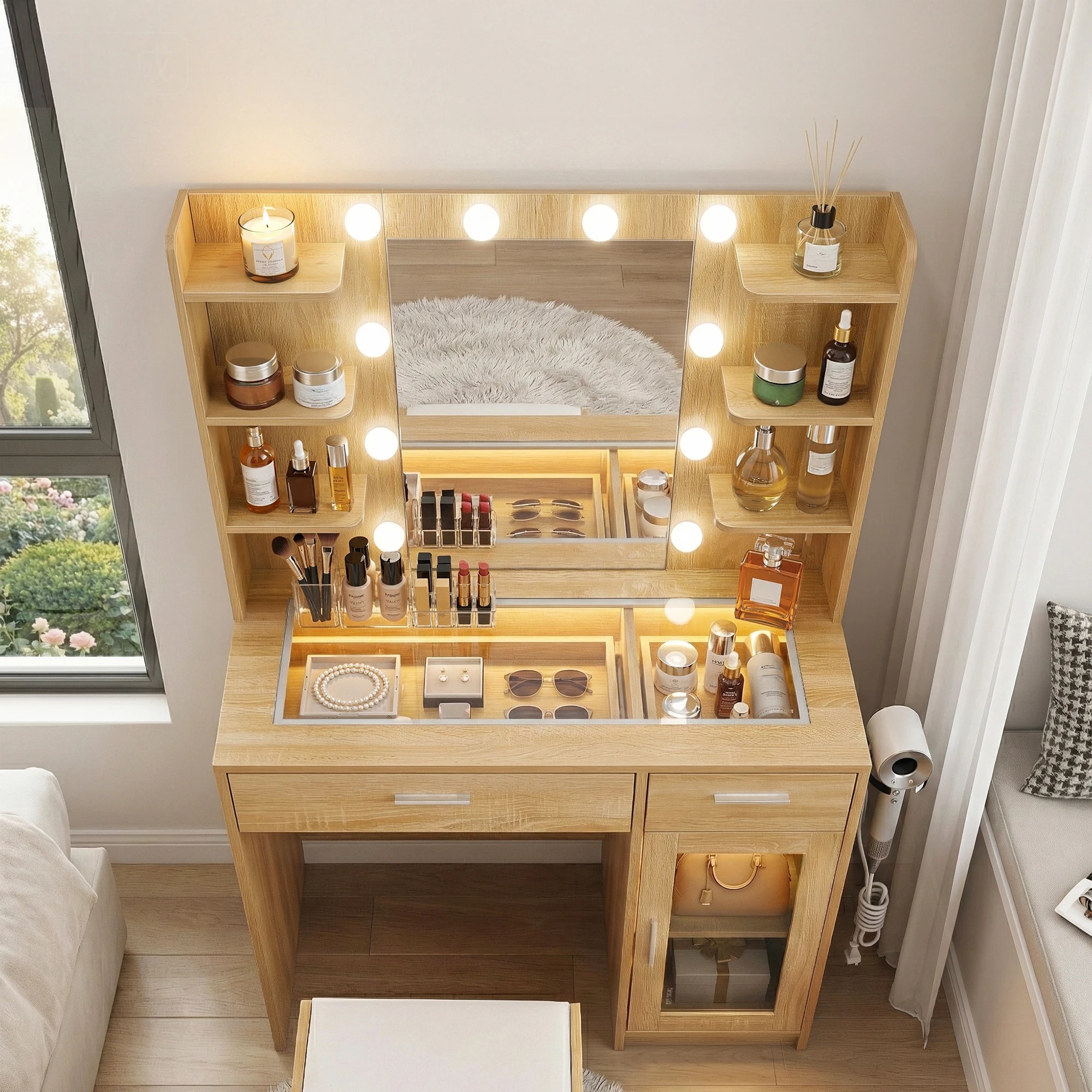 7 Artiss Dressing Table Vanity Desk Set 10 LED Bulbs RGB Light - Natural, 7 of 9