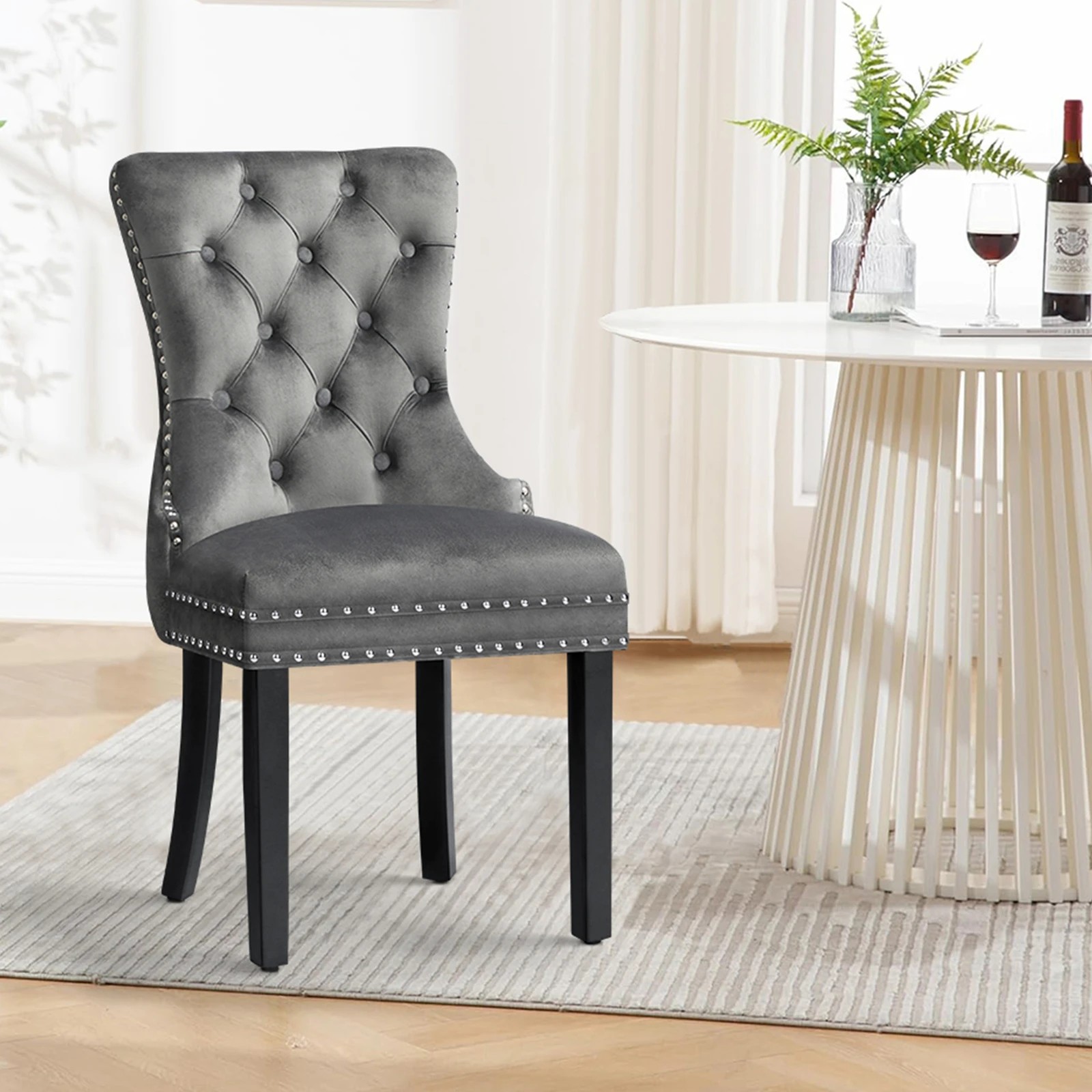 3 Alfordson 2x Dining Chair Kitchen Lounge Retro Button Tufted Wooden Velvet - Grey, 3 of 10