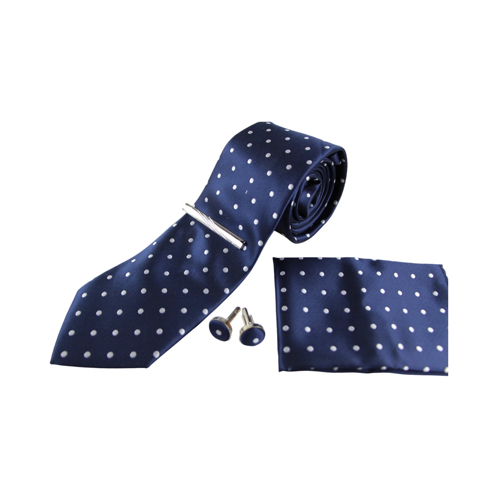 3 Zasel Mens Navy With White Polka Dot Matching Neck Tie, Pocket Square, Cuff Links And Tie Clip Set - White, 3 of 3