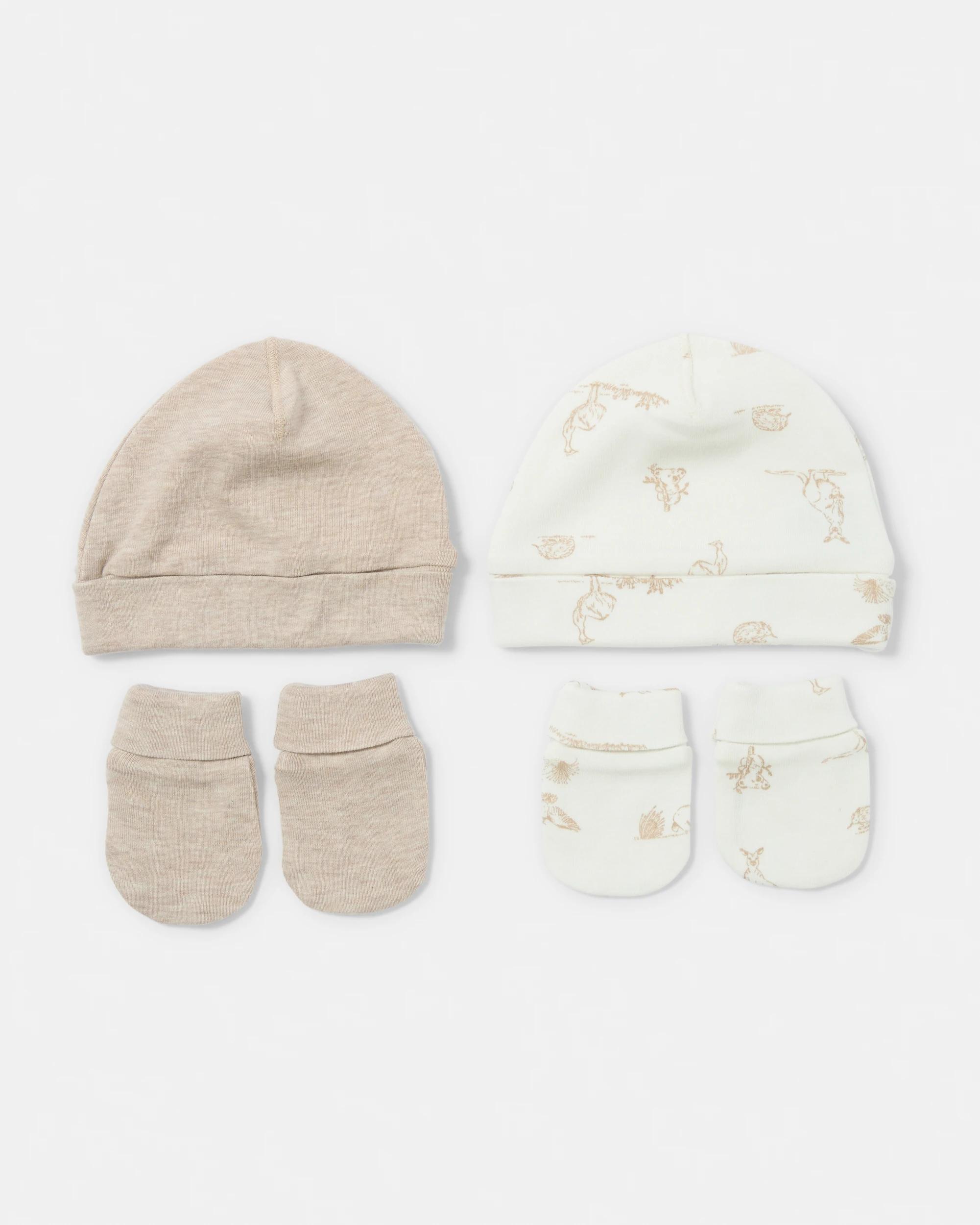 1 Newborn Hat and Mittens Set Brwn Aus, 1 of 8