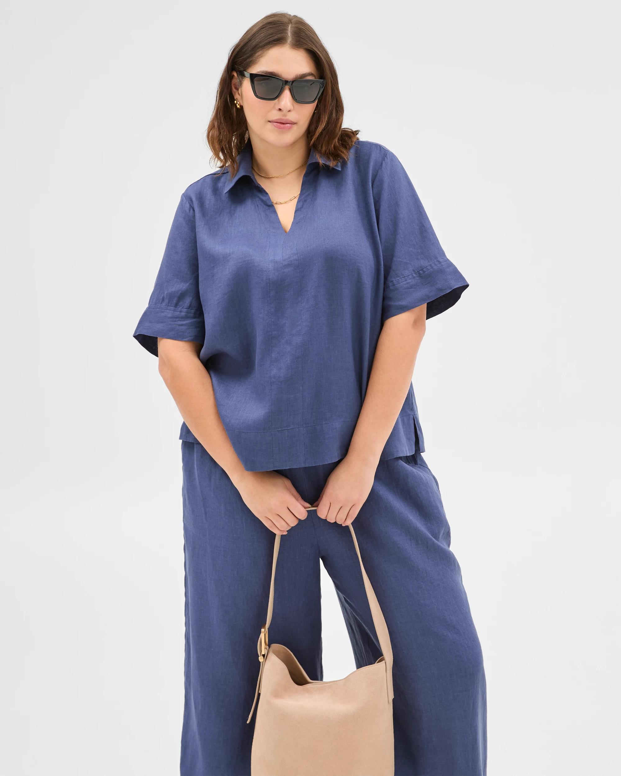 1 Target Plus Size European Linen Popover Blouse INDIGO, 1 of 6