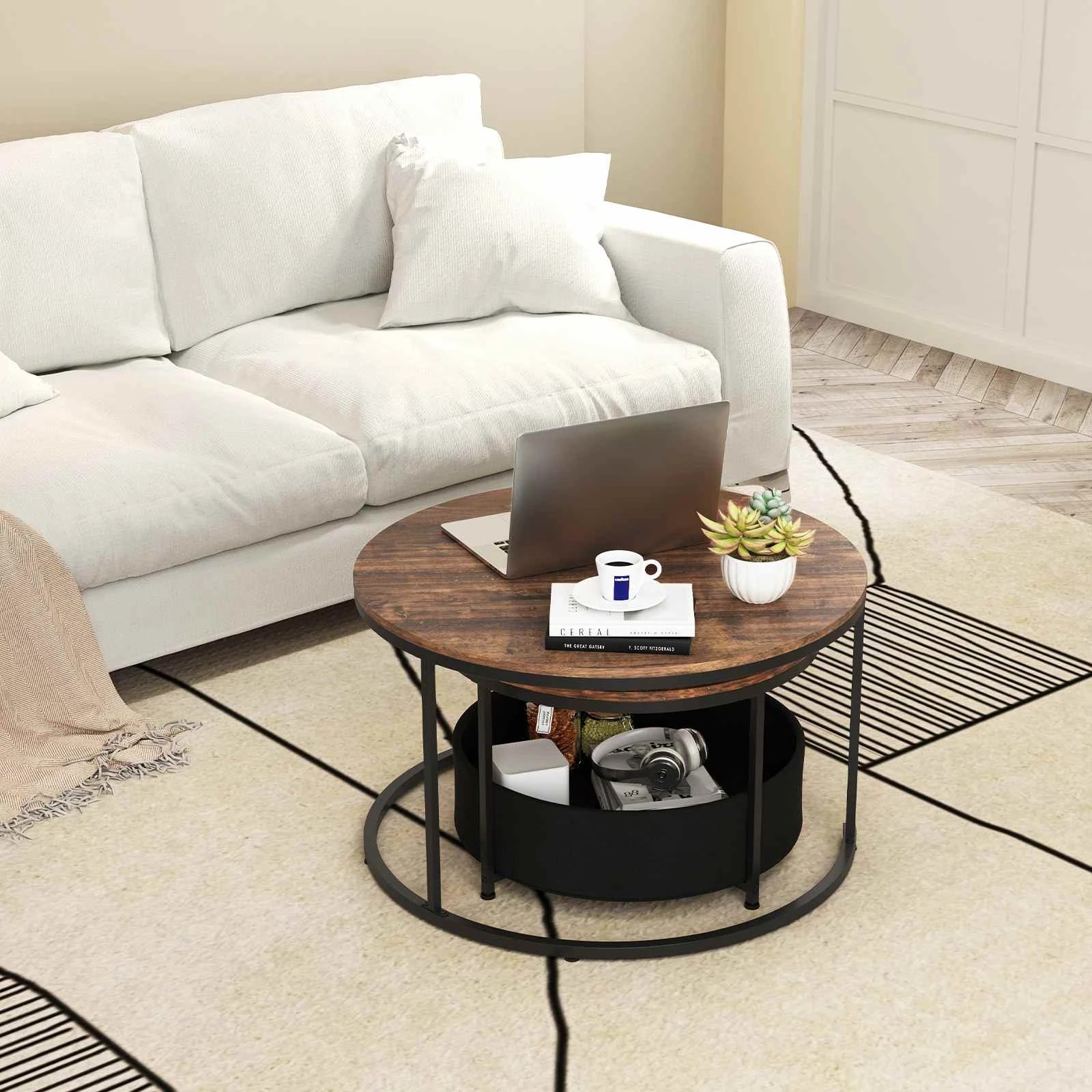 4 Costway 2 IN 1 Nesting Coffee Table Set of 2 w/Storage Round Sofa Side Table - Brown, 4 of 6