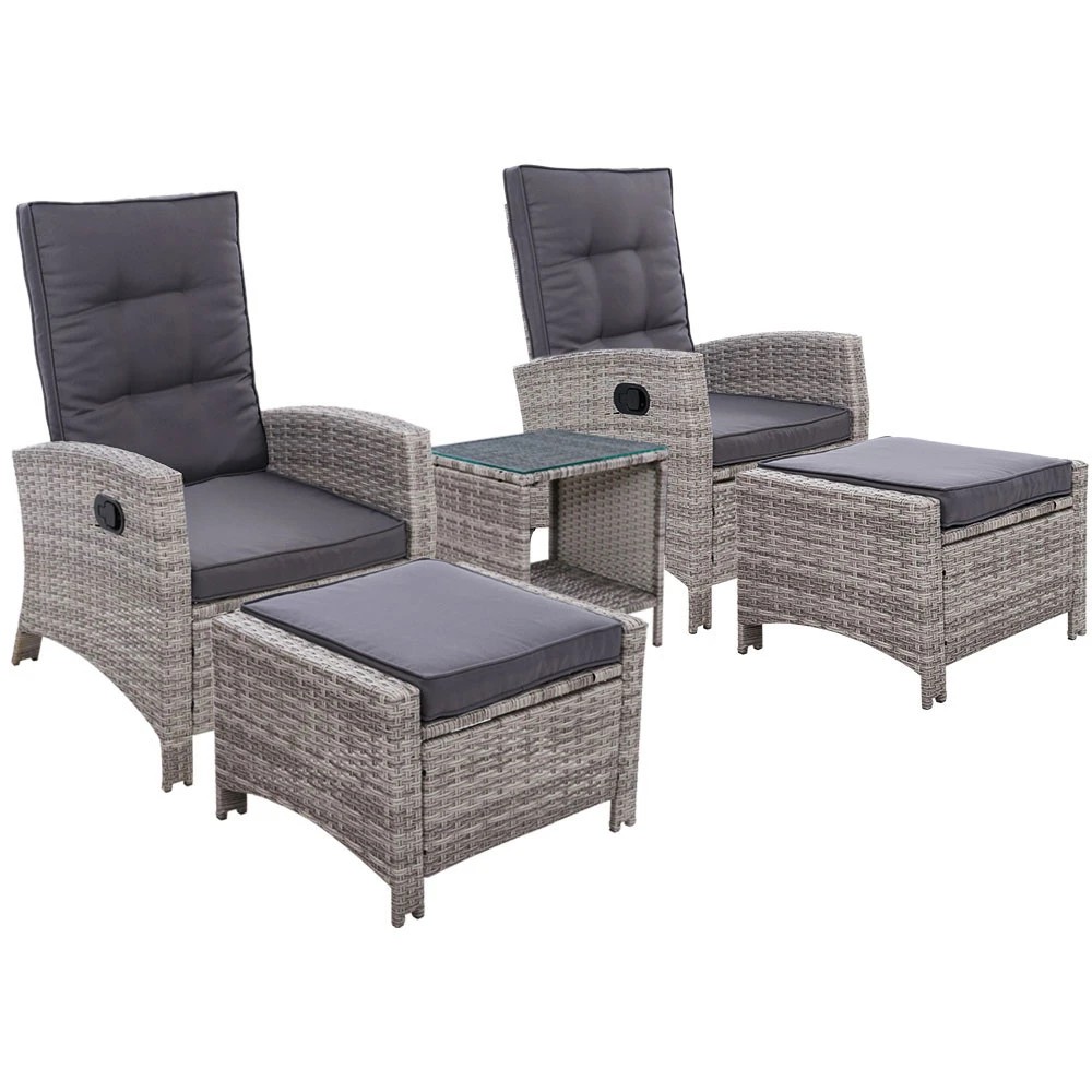 1 Gardeon 5PC Recliner Chairs Table Sun lounge Wicker Outdoor Furniture Adjustable - Grey, 1 of 6