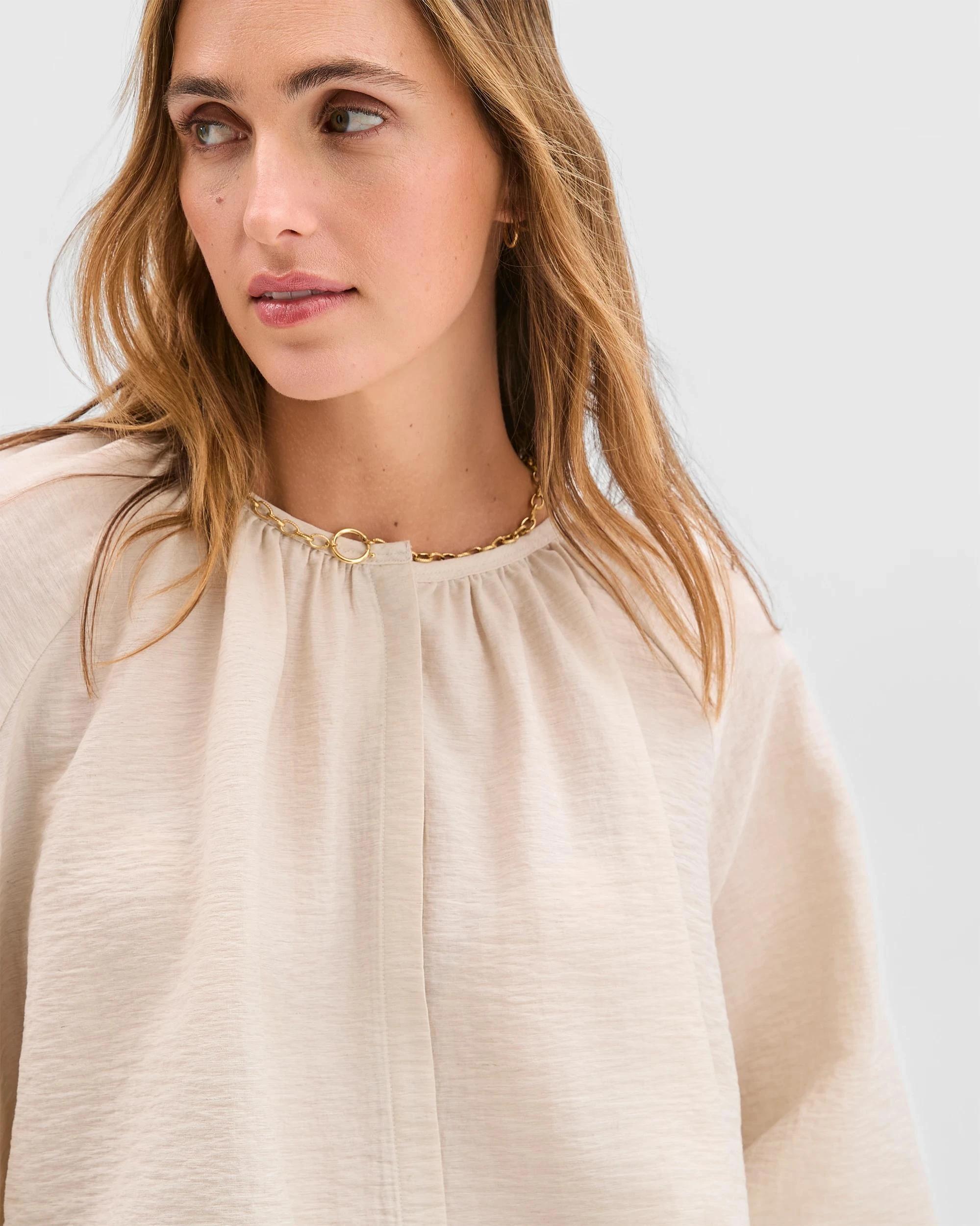 4 Target Woman Long Sleeve Button Front Bubble Hem Top FLAX, 4 of 5