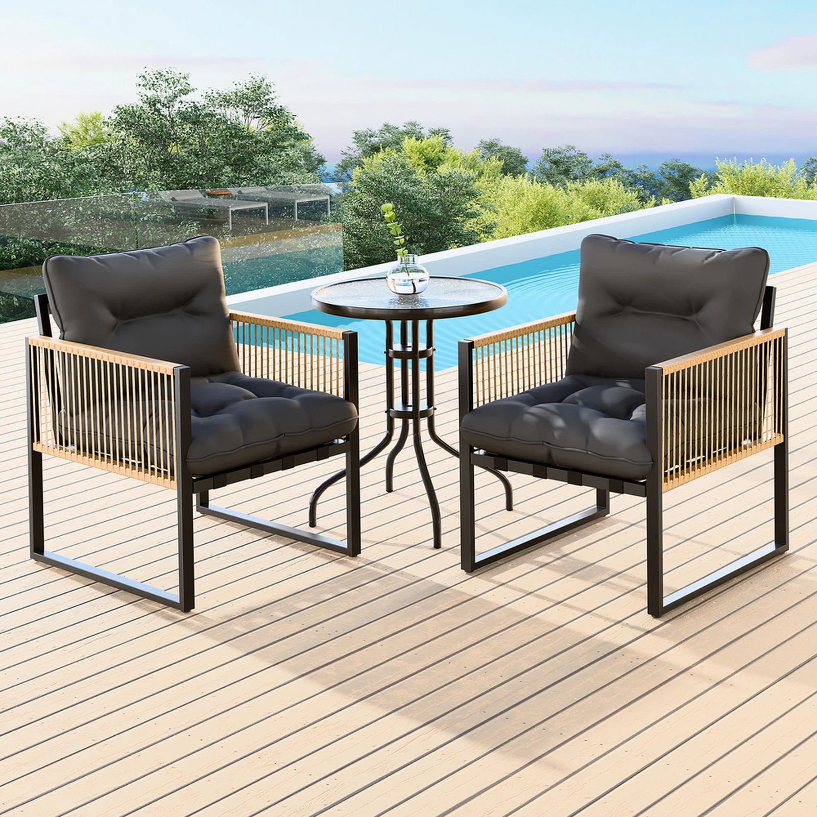 10 Alfordson Outdoor Furniture Set Patio Side Table Lounge Chair Glass Wicker - Black Grey, 10 of 10