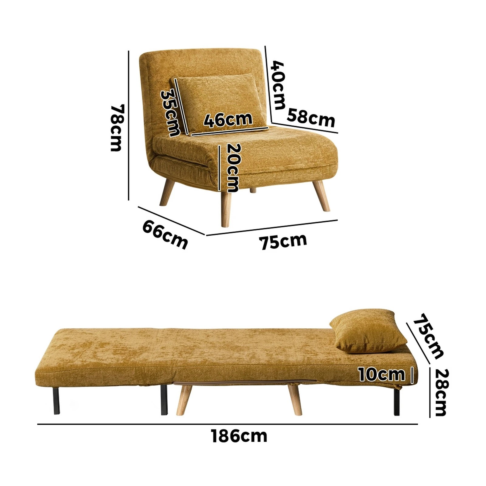 2 Oikiture 1 Seater Sofa Bed Folding Lounge Recliner Chenille - Yellow, 2 of 9