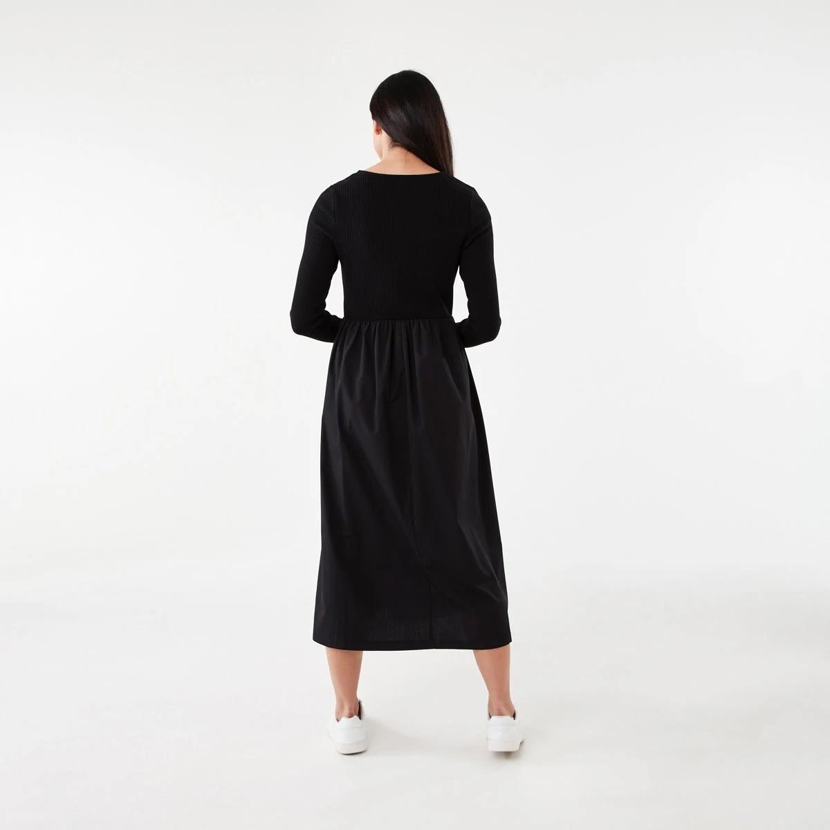 3 Long Sleeve Knit Woven Midi Dress Black, 3 of 7