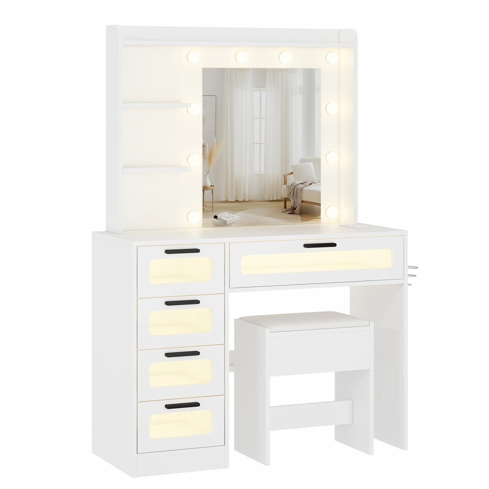 1 Advwin Dressing Table Stool Set With Mirror 10 Led Bulbs Vanity Desk
 - White, 1 of 9