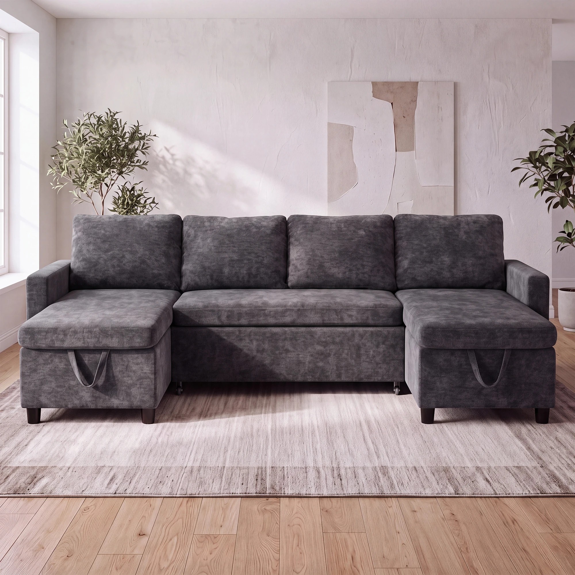 5 Advwin 253cm Sofa with Pull Out Bed U Shaped Chenille Convertible Sleeper Sofa Bed with Double Storage Chaise - Grey, 5 of 9