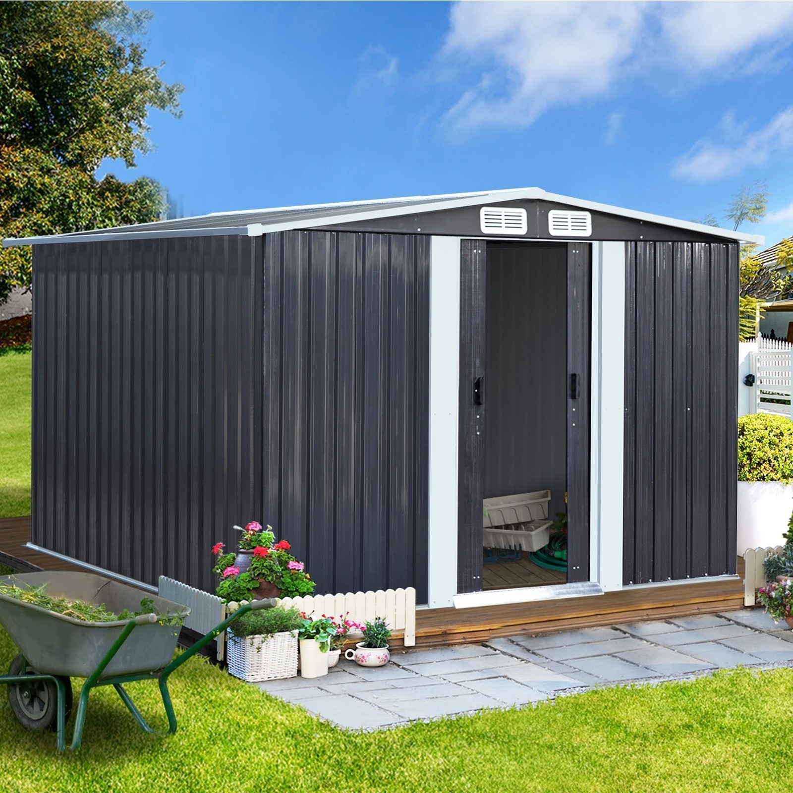 4 Livsip Garden Shed Outdoor Storage Sheds 2.57x2.05M Workshop Cabin Metal Base - Grey, 4 of 8