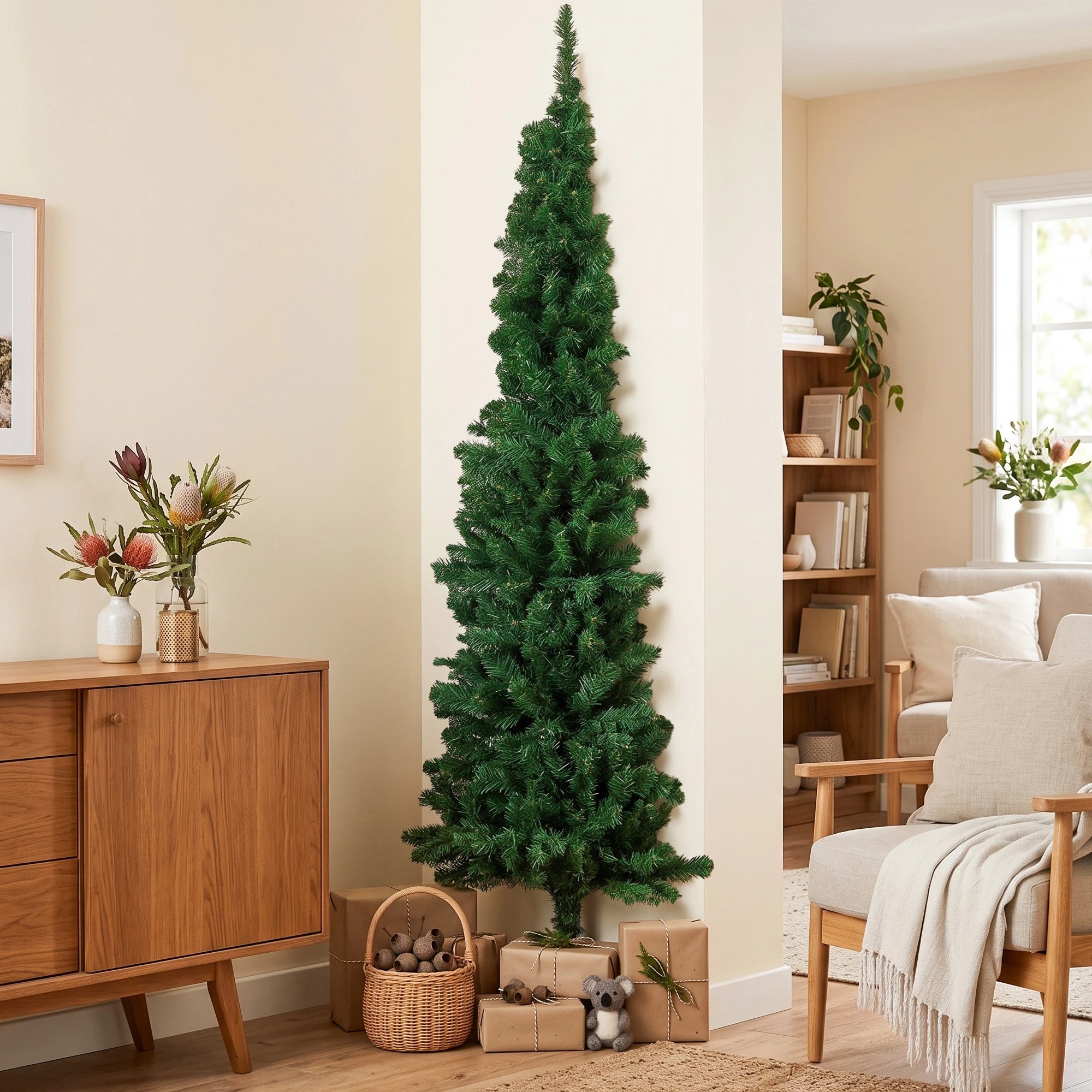 4 Jingle Jollys 2.4m Pre-Lit Christmas Tree Slim Pencil Xmas Tree Corner Tree - Green, 4 of 8