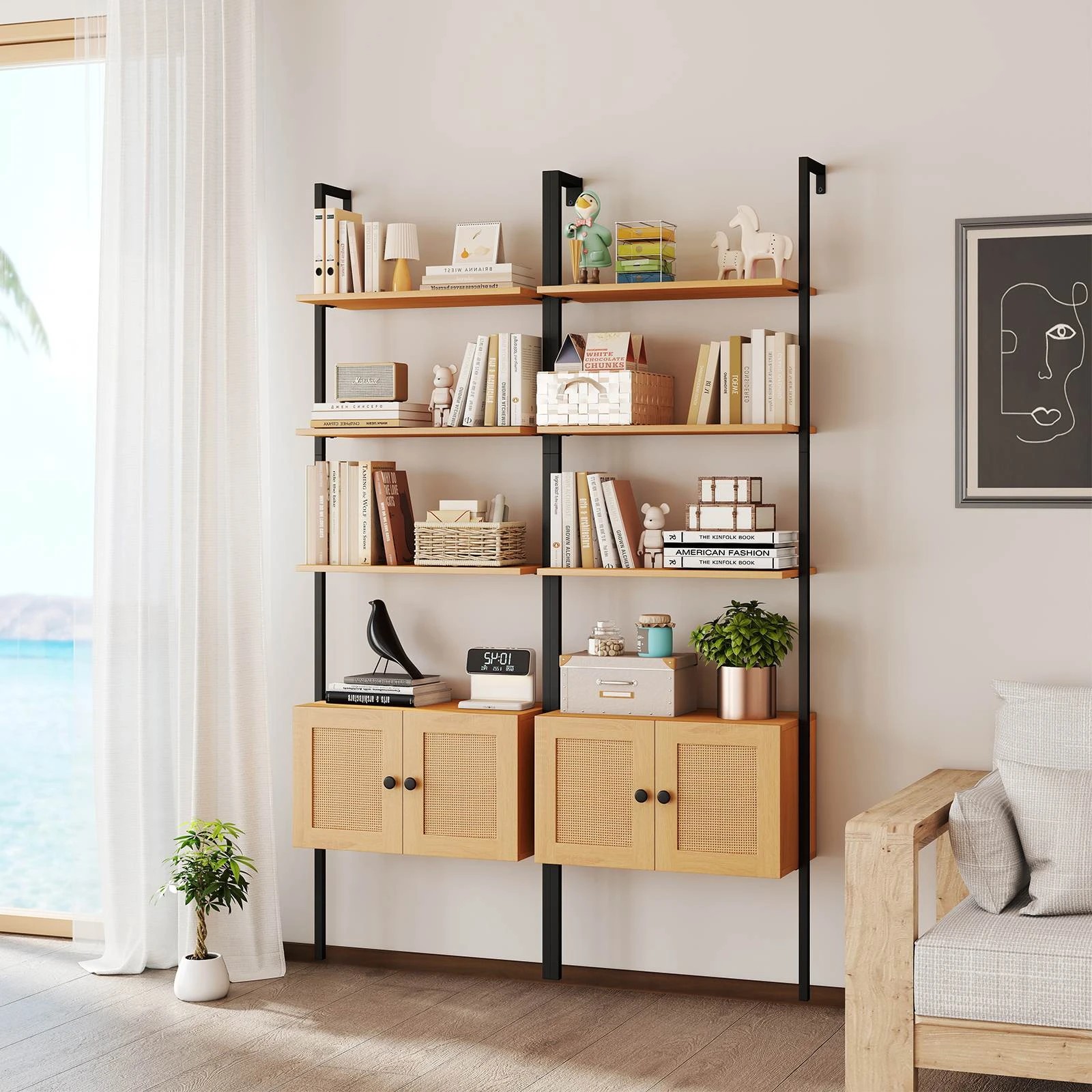 3 Costway 5-Tier Bookshelf Wall Mount Ladder Bookcase w/Cabinet & Metal Frame Display Rack - Natural, 3 of 5