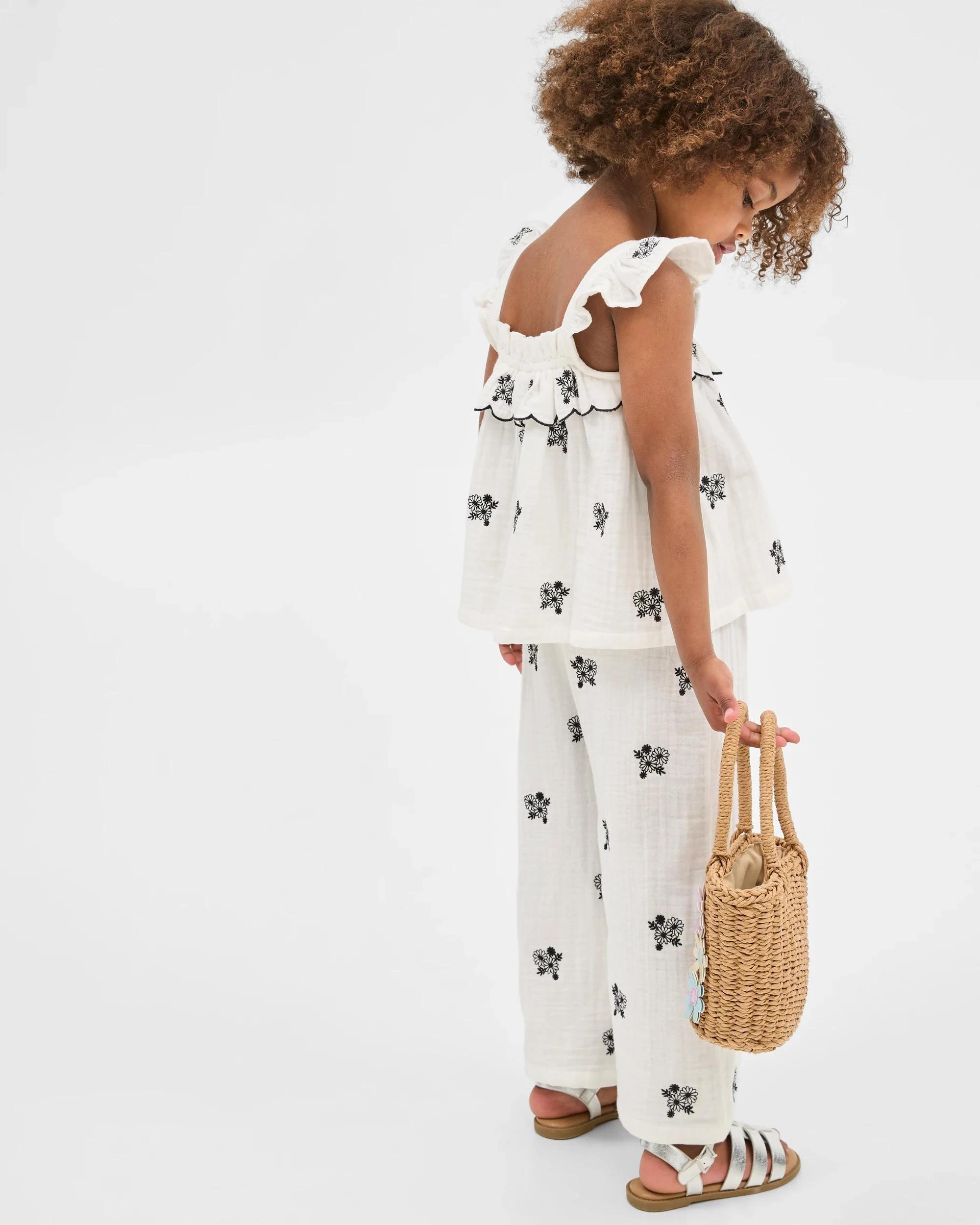 4 Target Kids Woven Ruffle Embroidered Top & Pants Coord Set CREAM, 4 of 6