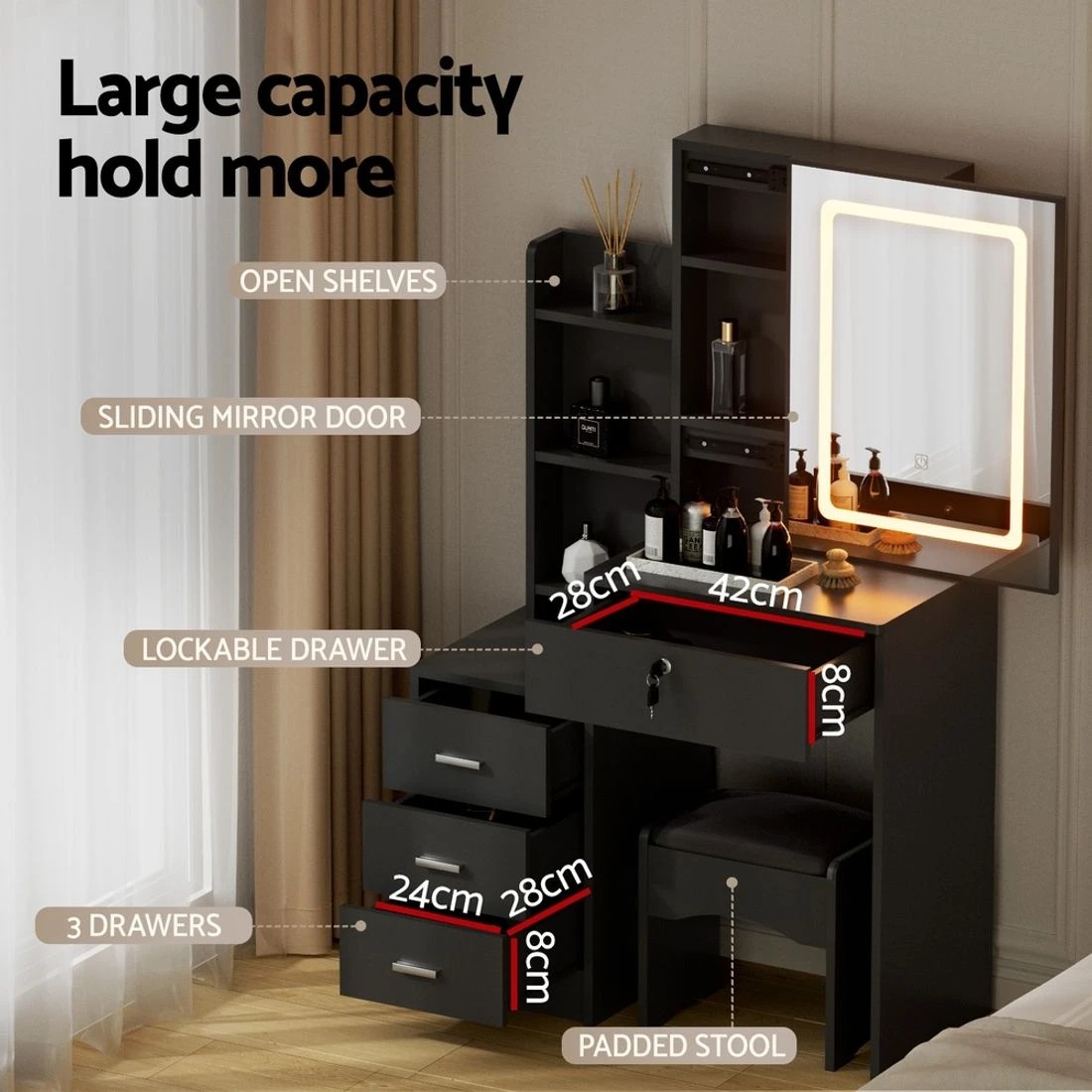 7 Artiss Dressing Table Vanity Desk Set Stool Led
 - black, 7 of 8