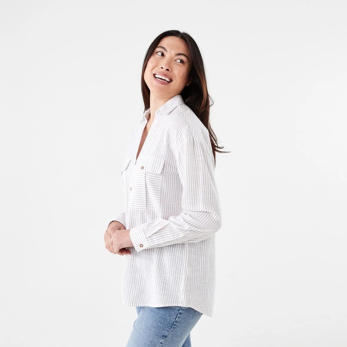 2 Long Roll Sleeve Cotton Shirt Strp Taupe, 2 of 6