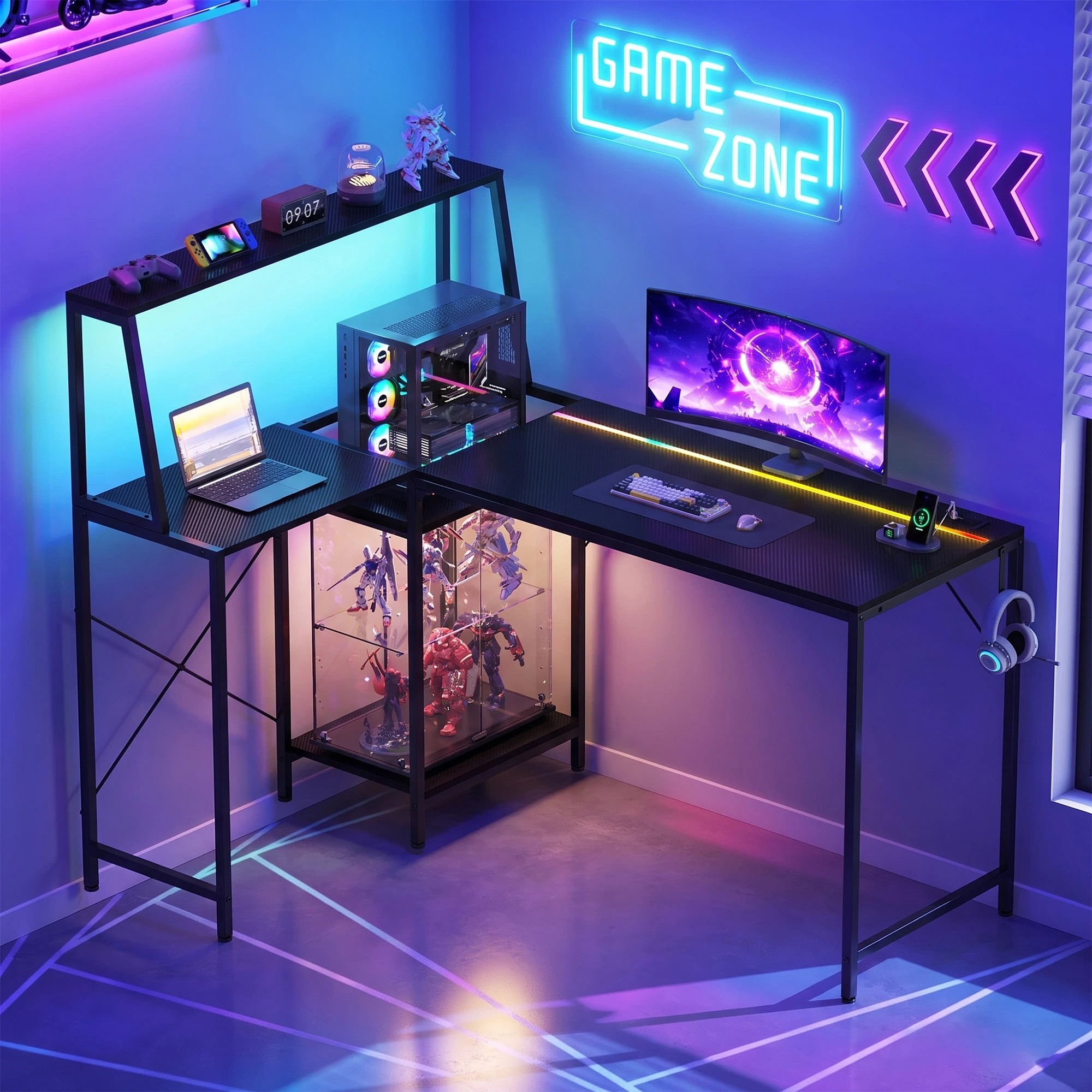 1 Advwin 135cm LED Gaming Desk w/ Adjustable Recessed Shelf & Power Outlets Carbon Fiber Reversible Computer Desk - Black, 1 of 10
