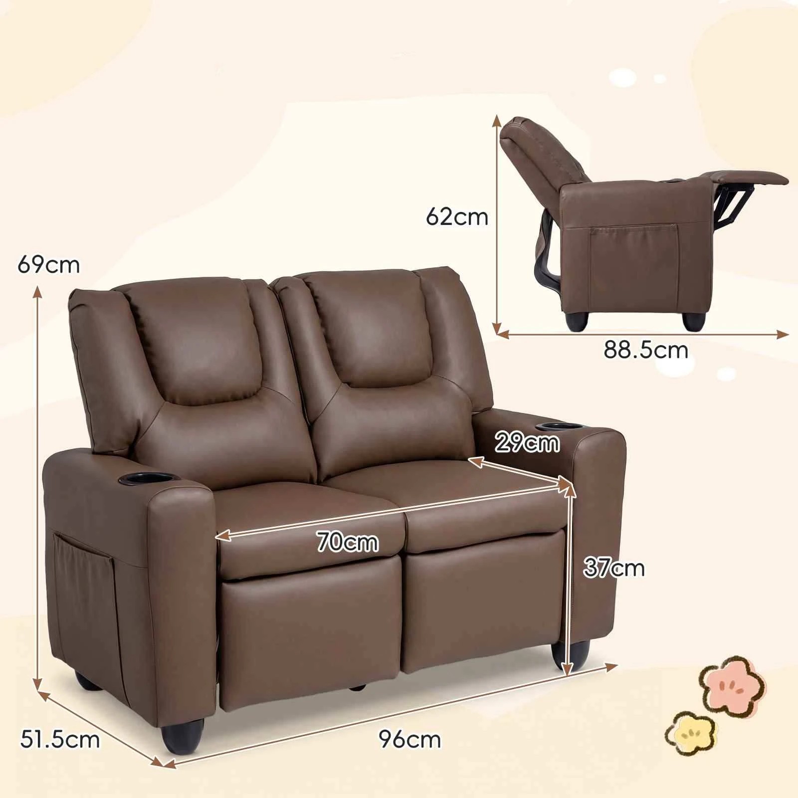 2 Costway 2-Seater Recliner Chair Double Sofa Adjustable Couch PU Leather - Brown, 2 of 3