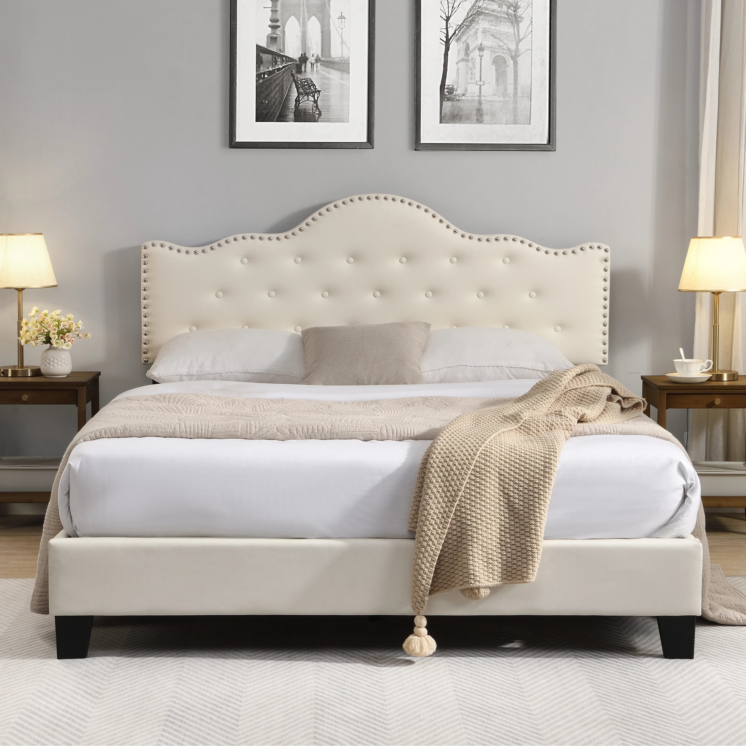8 IHOMDEC BEF05 Button Tufted Double Bed Frame - Beige - Beige, 8 of 10