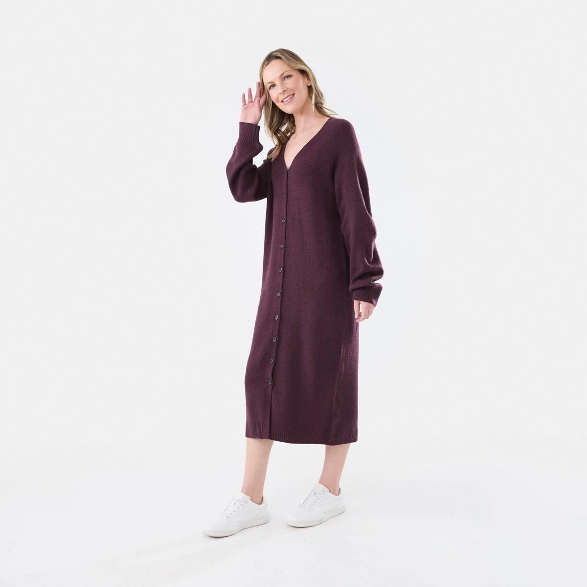 2 Long Sleeve Cardigan Knit Midi Dress Mulberry, 2 of 5