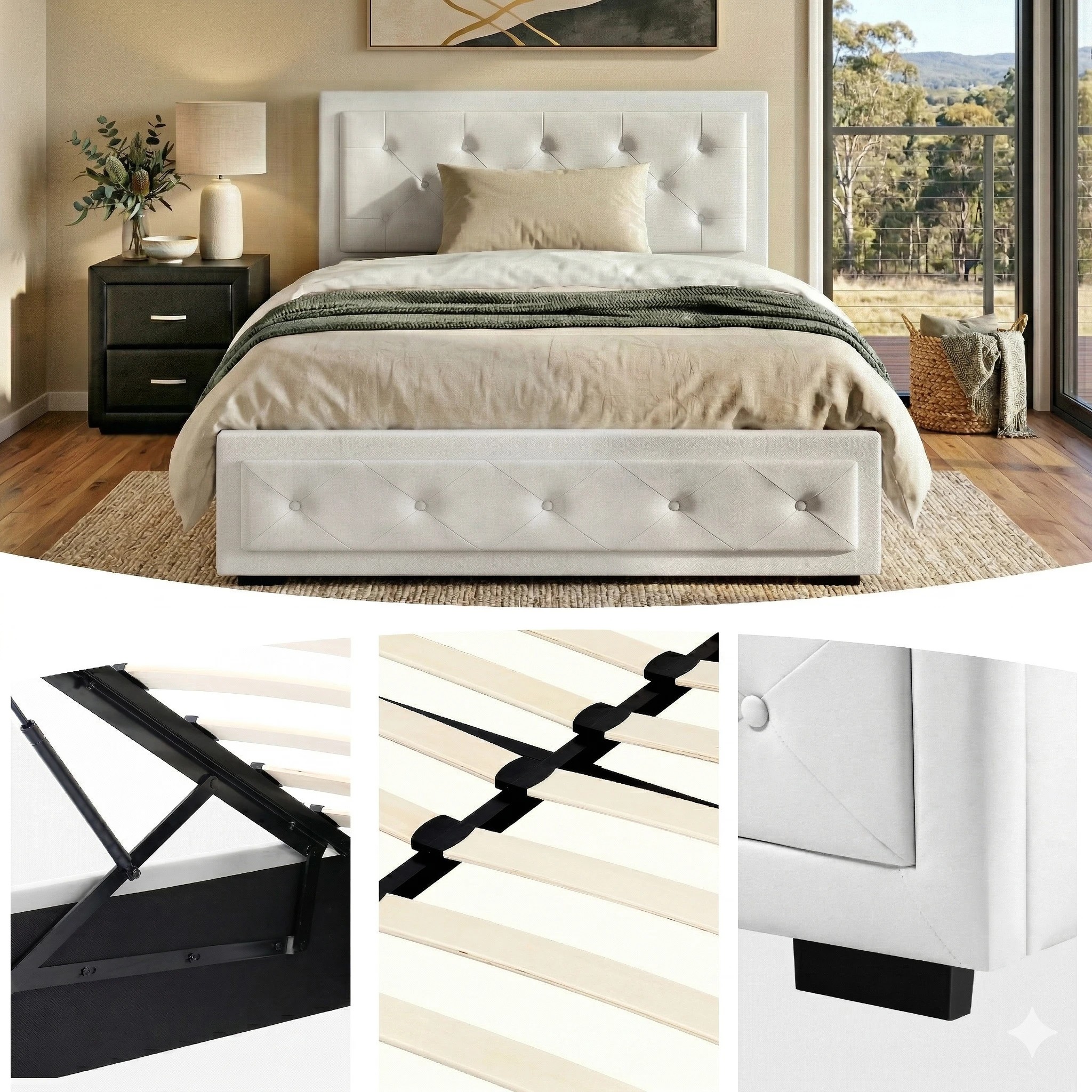 6 Artiss Bed Frame with Storage Leather Gas Lift Bed Bedside Table Set Tufted Headboard - King Single Bed - Multi, 6 of 9