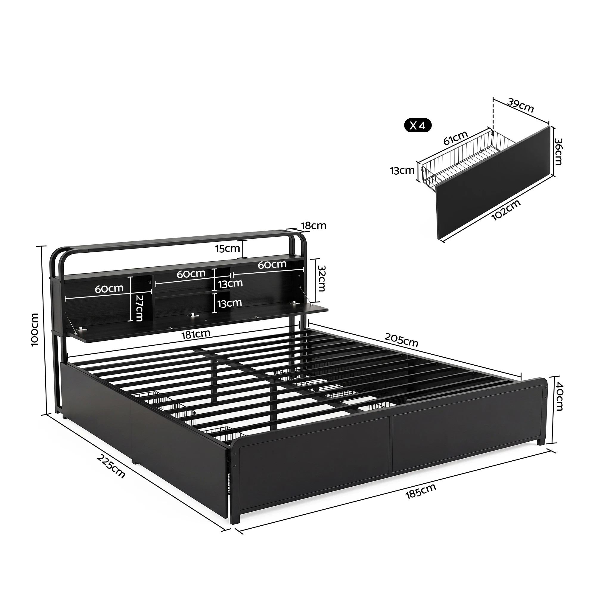 2 Artiss Metal Bed Frame 4 Drawers Hidden Storage Headboard HEDY  - King Bed - Black, 2 of 8
