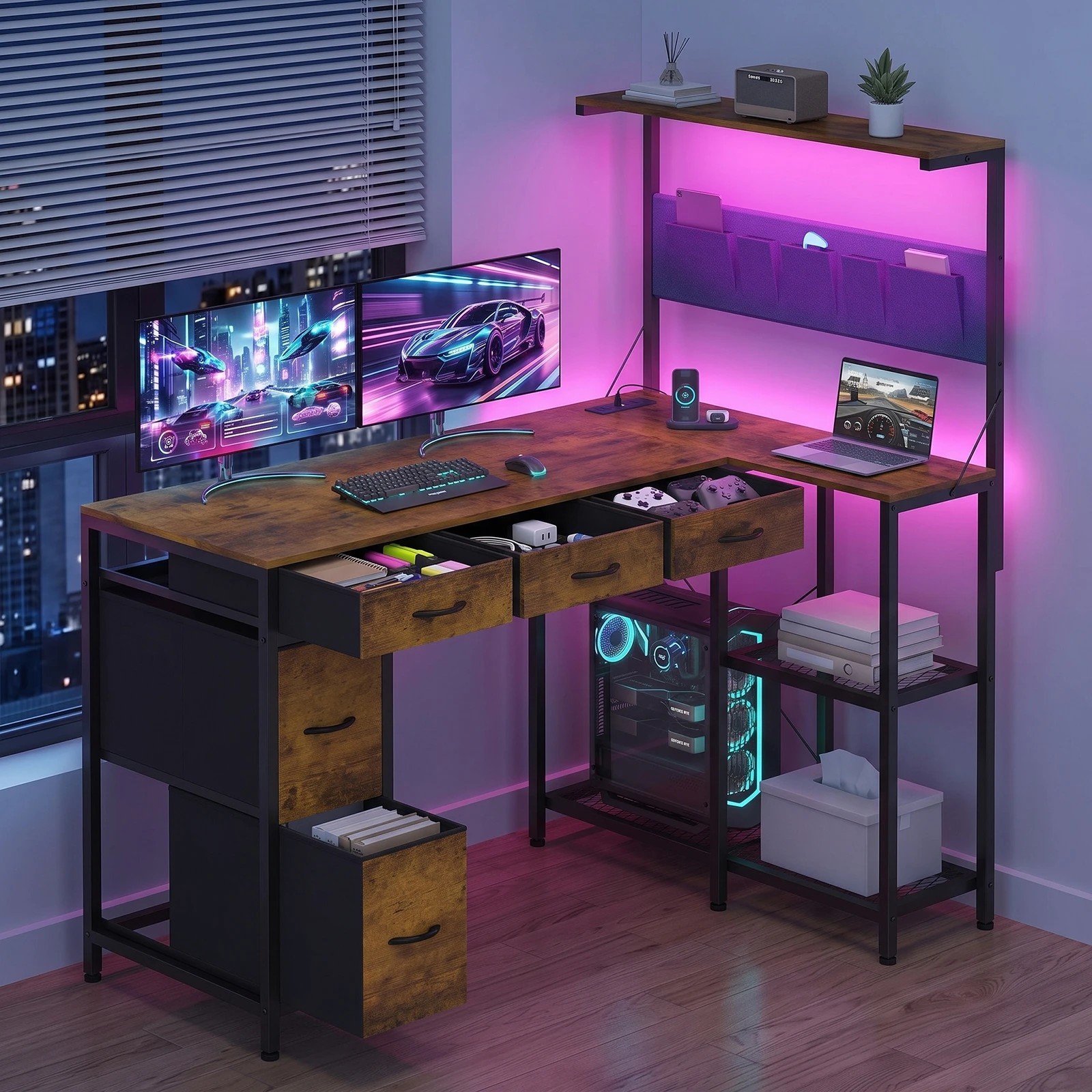 3 Advwin Gaming Desk with Power Outlets Reversible Corner Computer Desk with Storage Shelf Fabric Drawer and Bag - Brown, 3 of 7