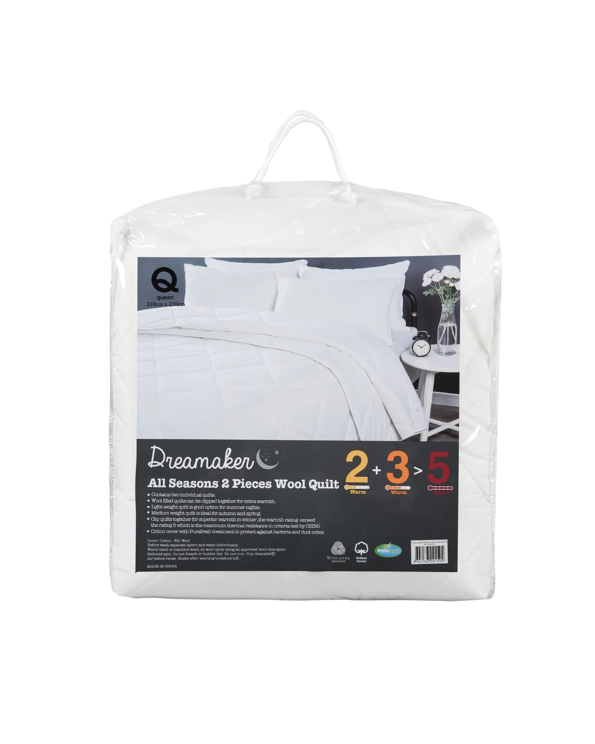 4 Dreamaker All Seasons 2 Piece Australian Washable Wool Quilt - Queen Bed - White, 4 of 4