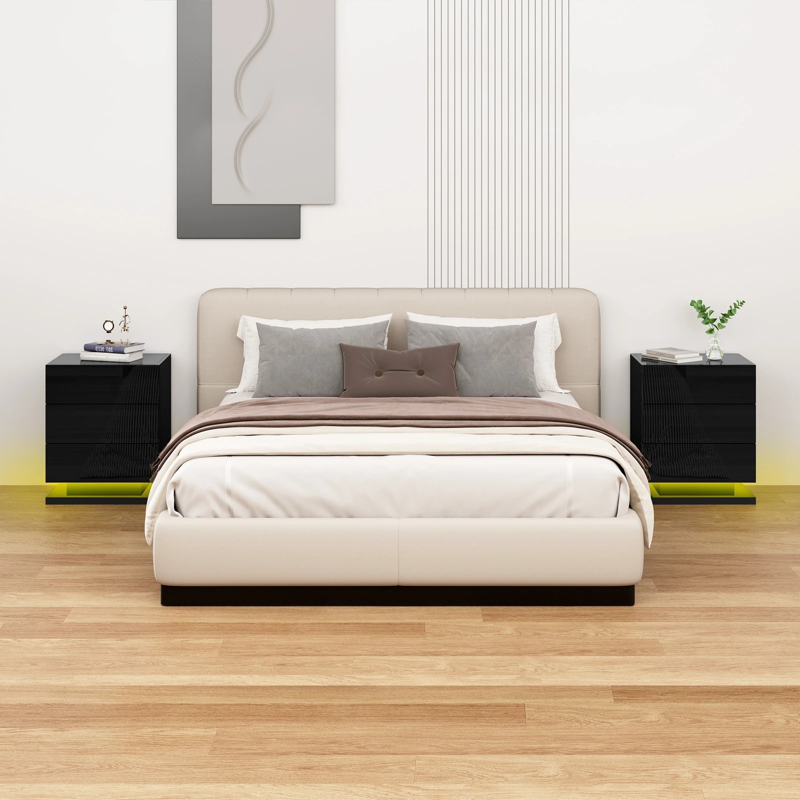 3 Alfordson Bedside Table RGB LED Nightstand 3 Drawers 4 Side High Gloss - Black, 3 of 10