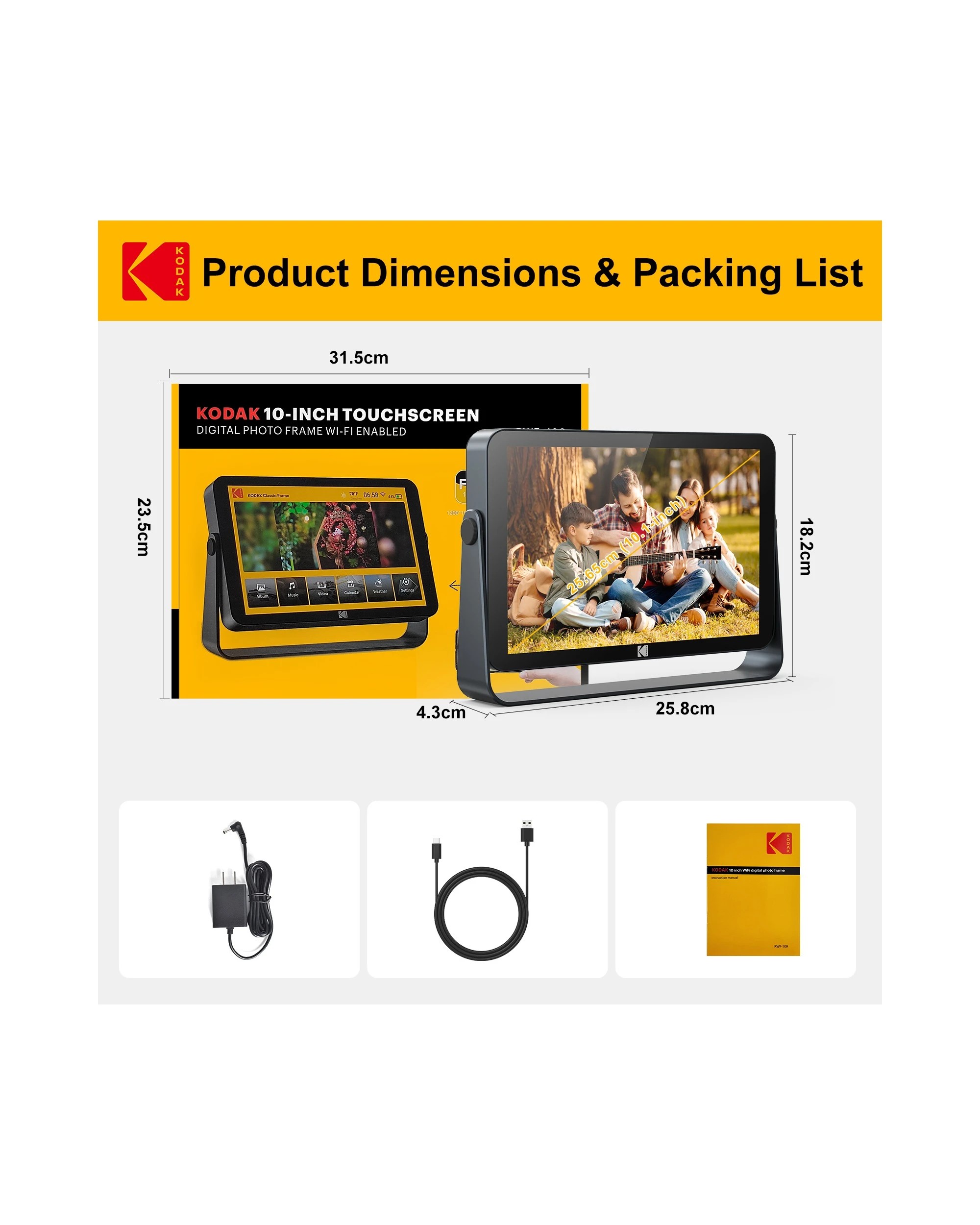 1 Kodak RWF-109 10.1 Inch Rechargeable WiFi Digital Photo Frame 32GB, 1 of 9
