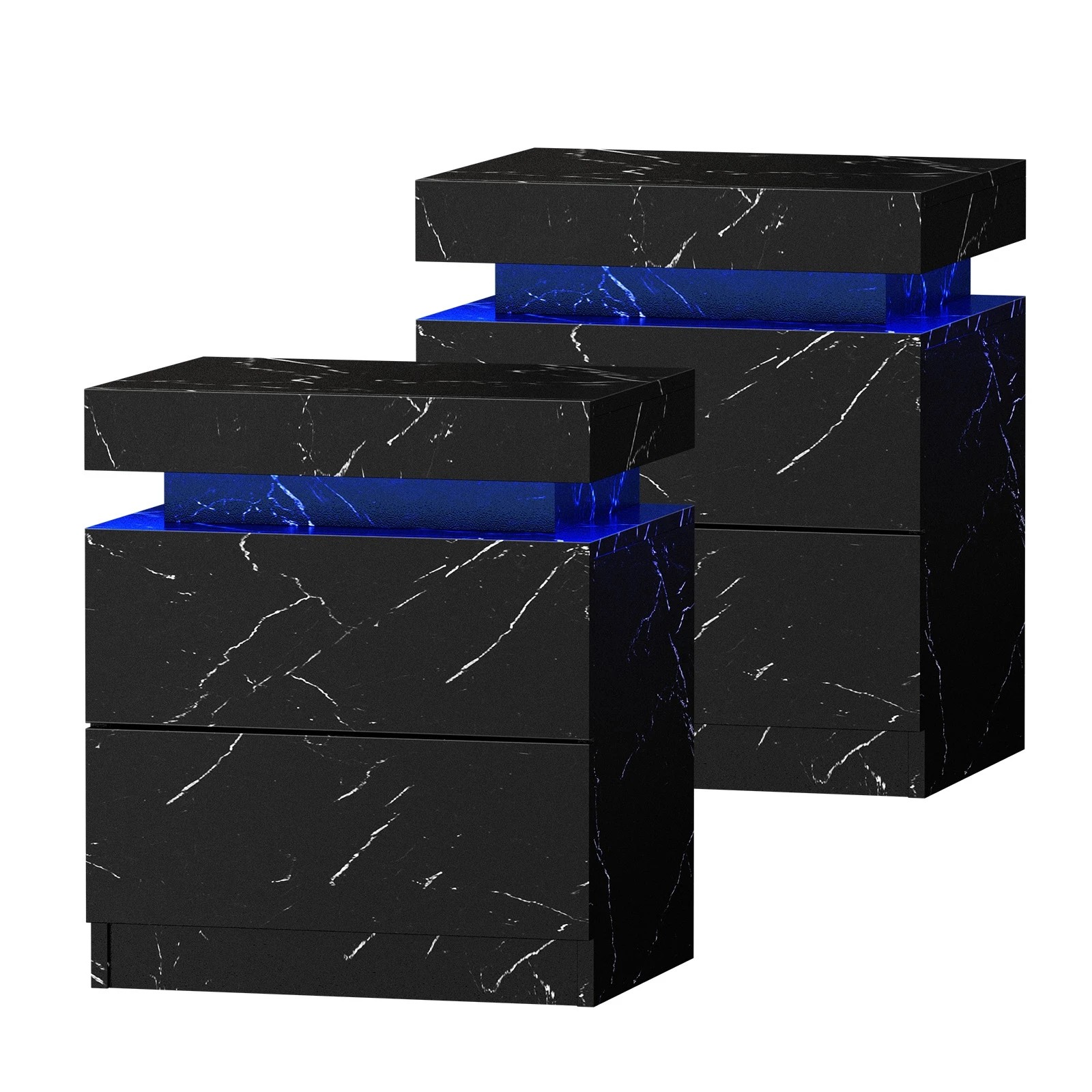 7 Oikiture 2x Bedside Table 2 Drawers LED Nightstand Marble Effect - Black, 7 of 7
