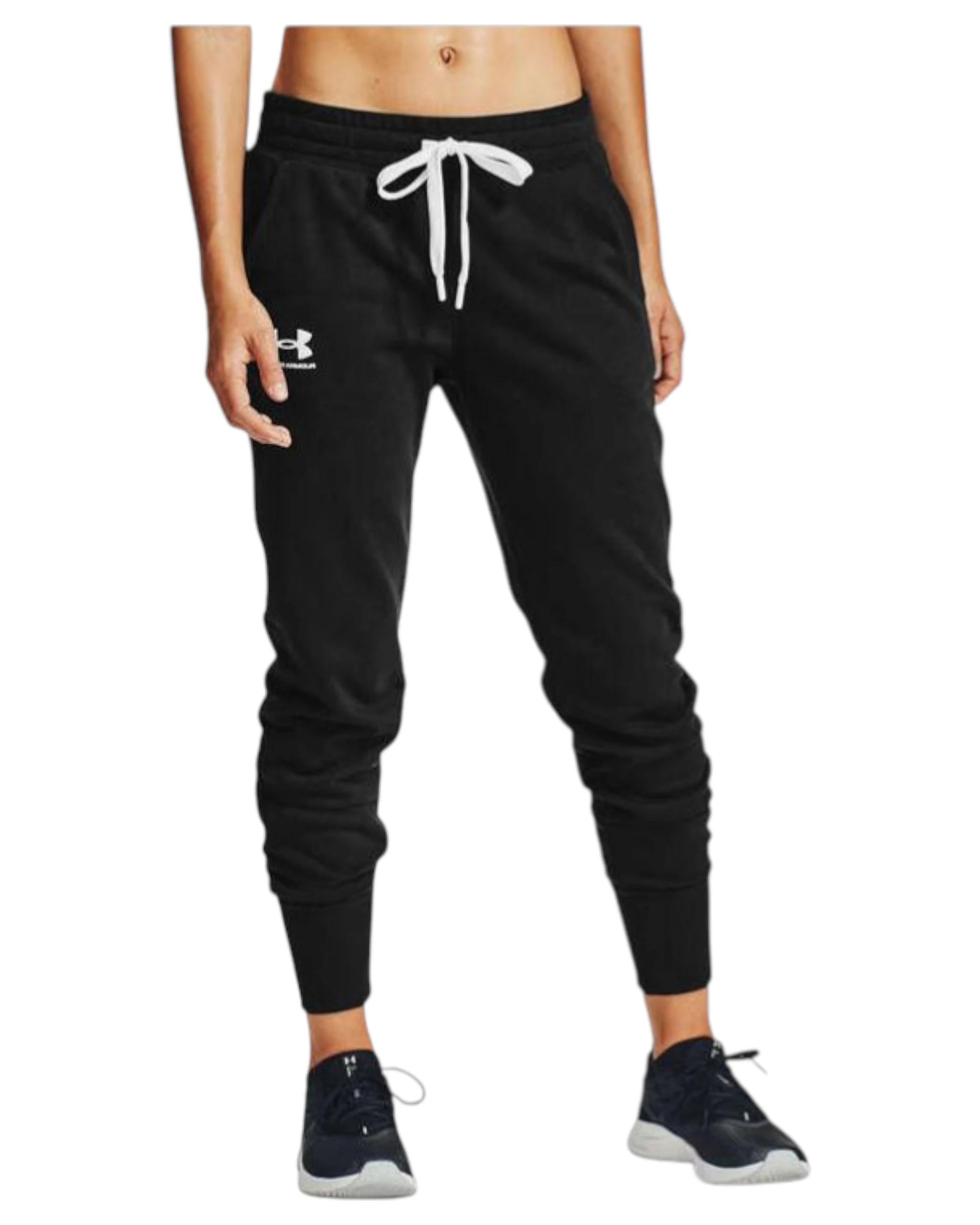 4 Under Armour Womens Black/ White Rival Fleece Joggers Athletic Trackies BLACK/ WHITE, 4 of 5