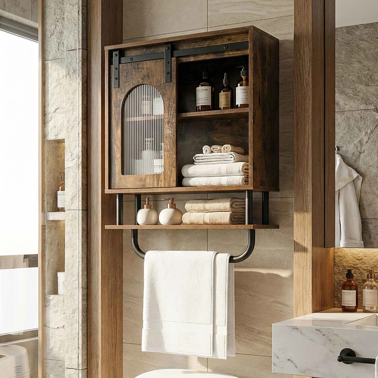 2 Costway Bathroom Wall Cabinet Industrial Medicine Cabinet w/Storage Shelf - Brown, 2 of 4