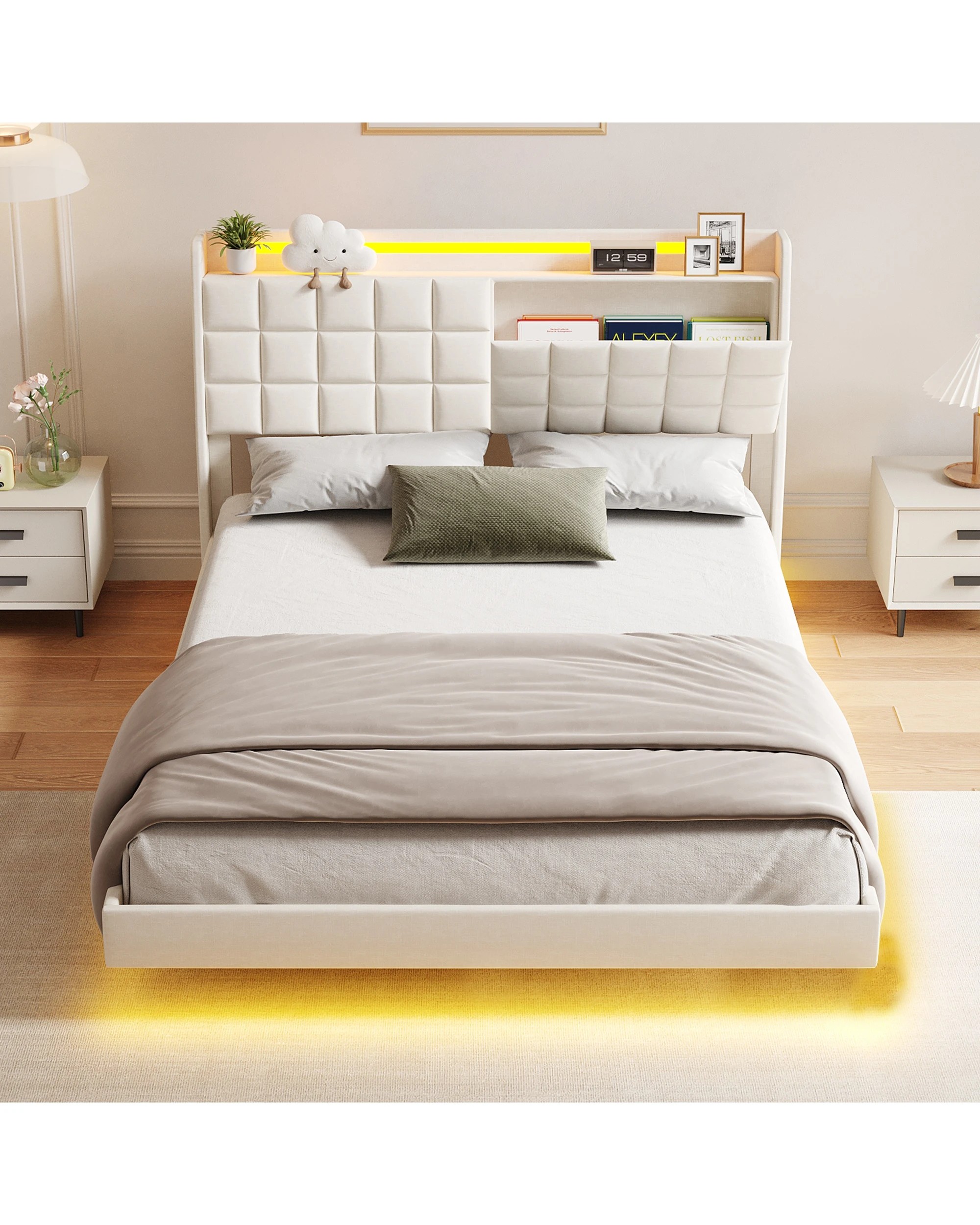 4 Advwin Queen Floating Bed Frame with LED Lights and Storage Headboard - Beige, 4 of 6