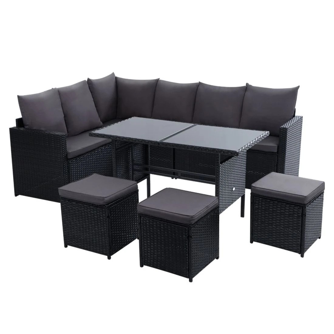 1 Gardeon Outdoor Dining Set Sofa Lounge Setting Chairs Table Ottoman Lawn - Black, 1 of 6