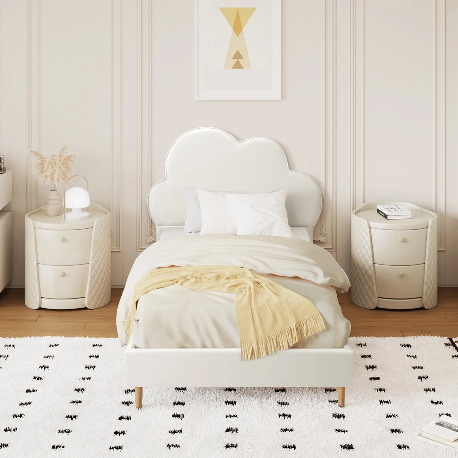 3 Oikiture Bed Frame Single Size Cloud Kids Bed Frame PU Leather - White, 3 of 9