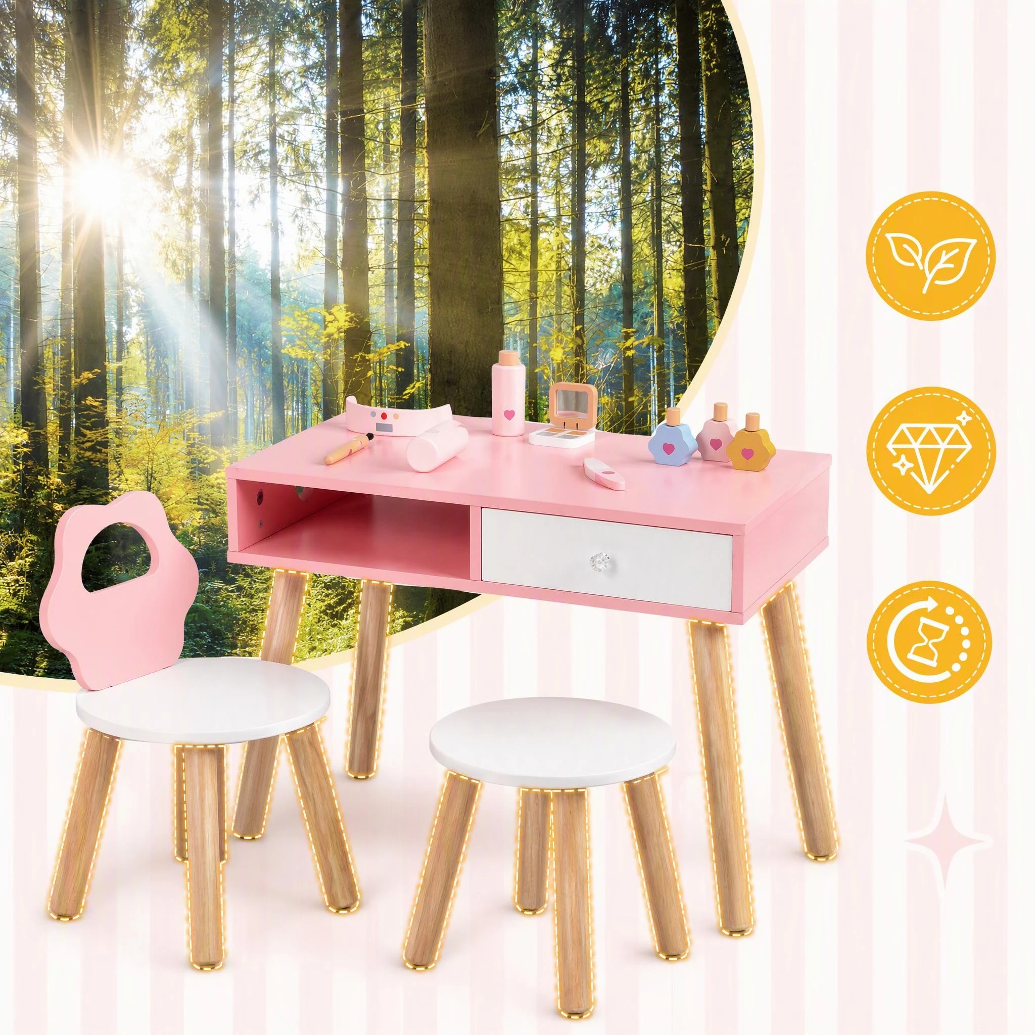 5 Costway Table Chair & Stool Set Pretend Nail Salon Playset - Pink, 5 of 9