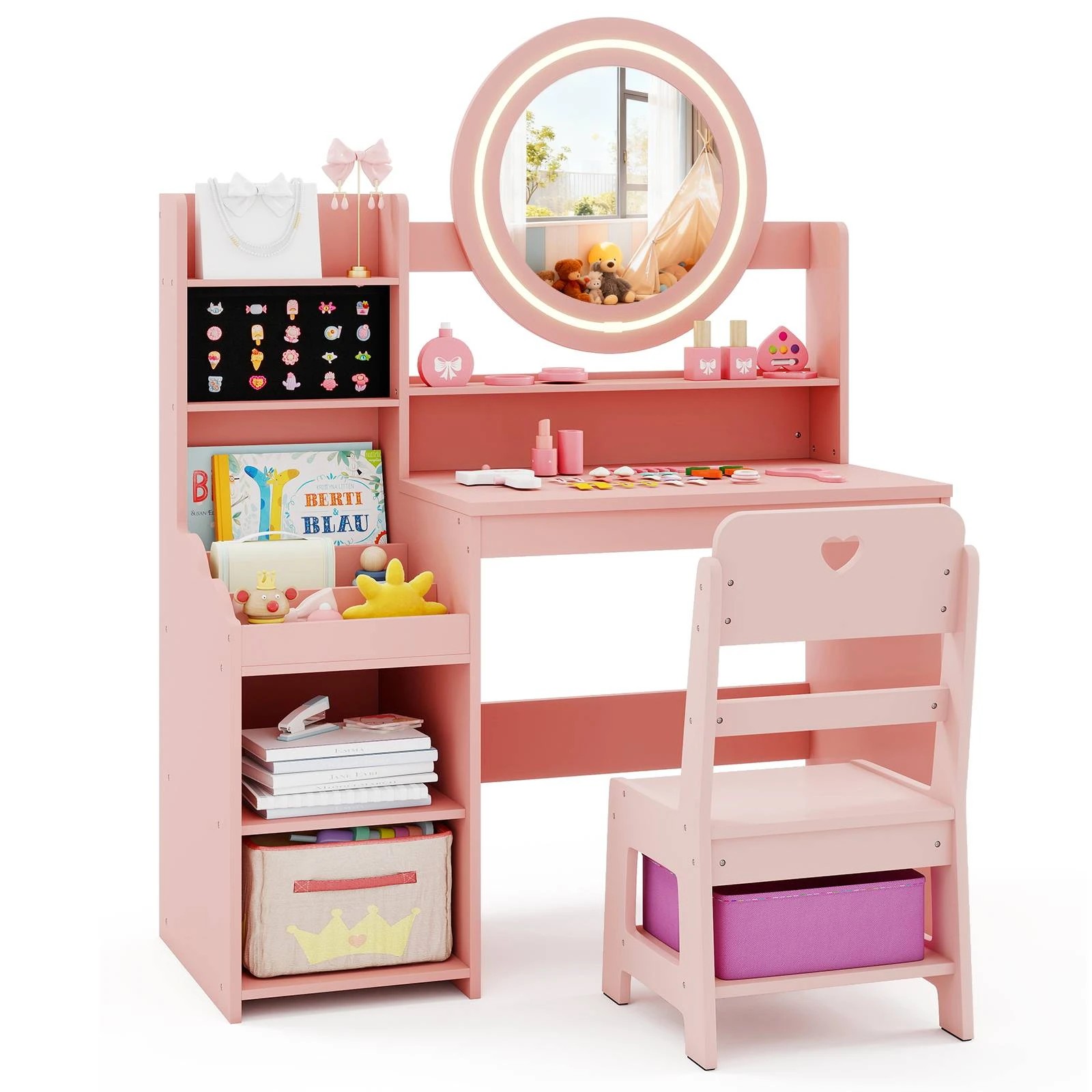 1 Costway Dressing Table Chair Princess Vanity Set w/Lighted Mirror - Pink, 1 of 1